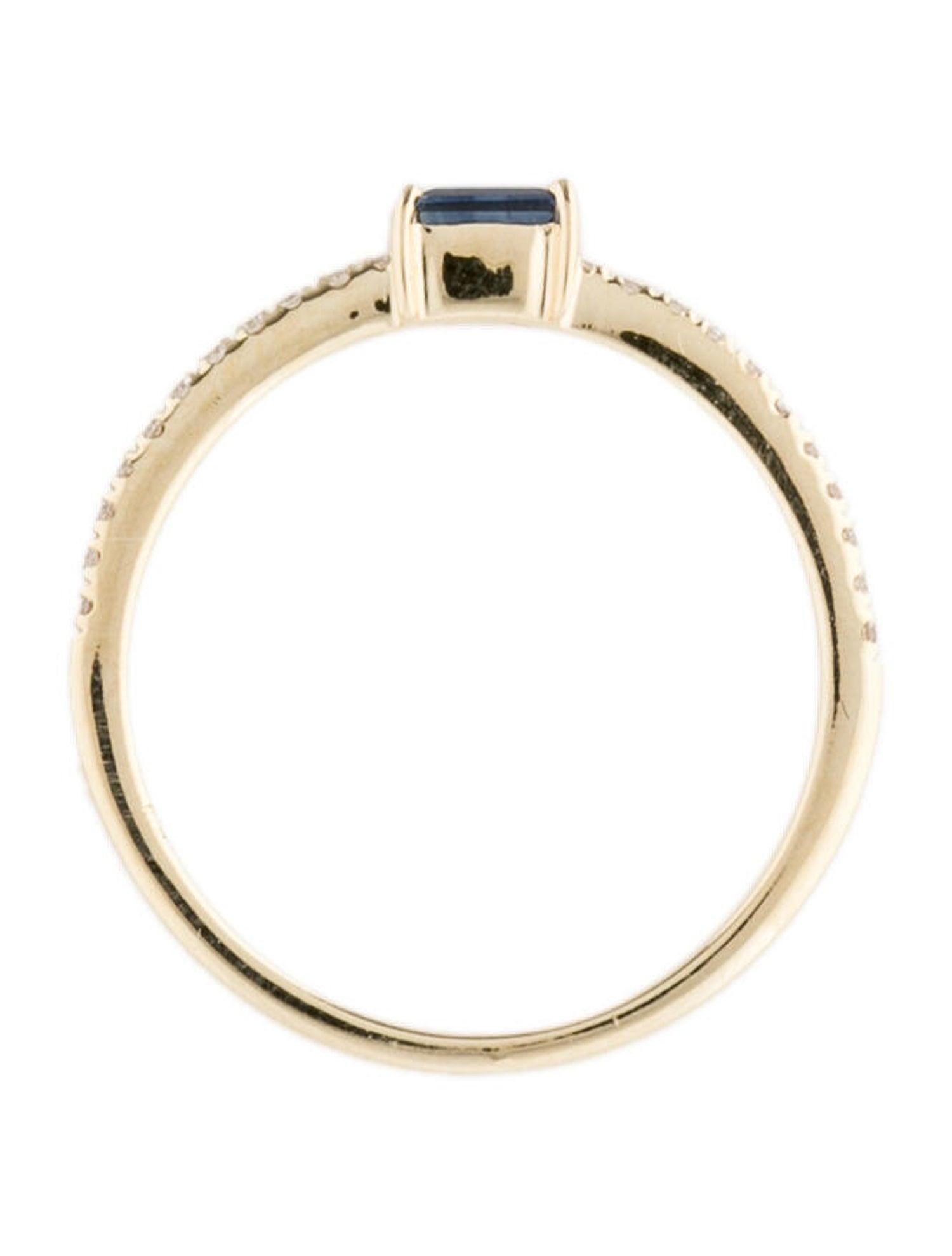 Charming and Elusive Design - This stackable ring features a 14k gold band, a baguette shaped gorgeous blue sapphire approximately 0.14 cts, and round diamonds approximately 0.09 cts, 
Measurements for ring size: The finger Size of the ring is 6.5
