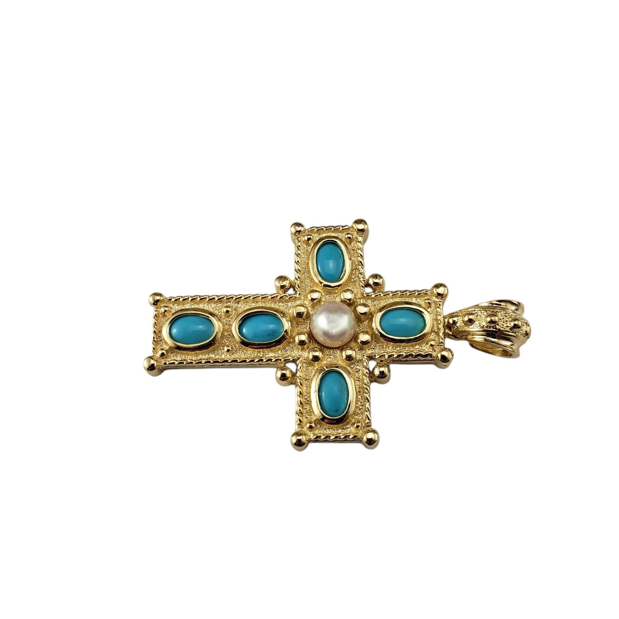 Cabochon 14 Karat Yellow Gold Blue Stone and Pearl Cross Pendant #20635