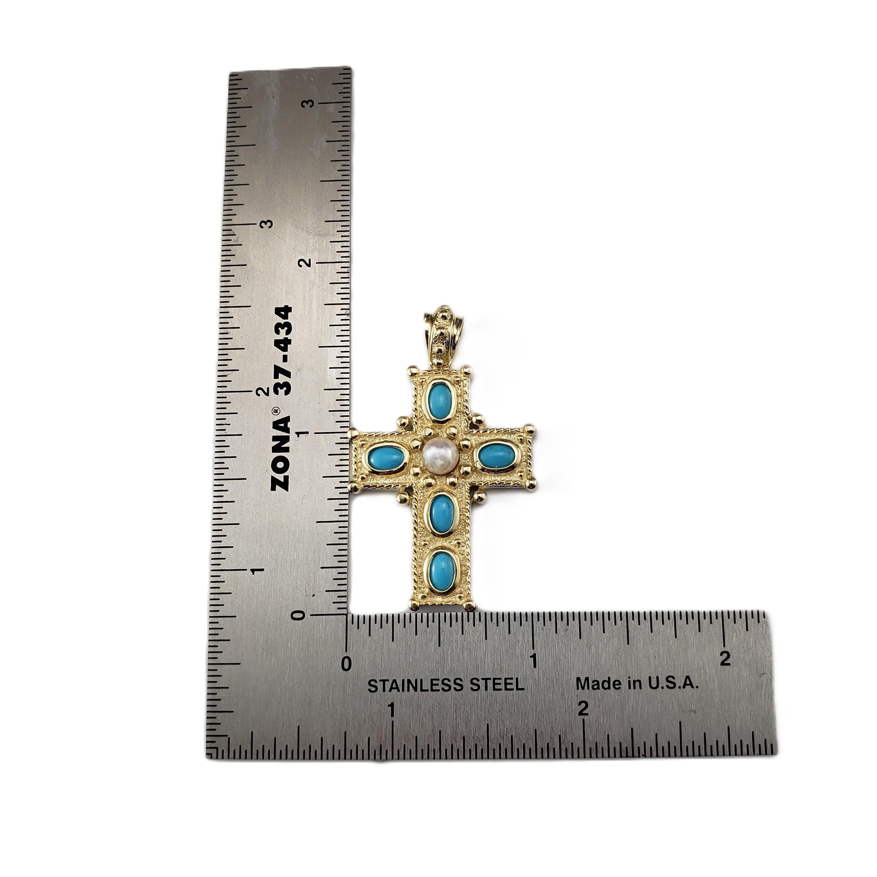 14 Karat Yellow Gold Blue Stone and Pearl Cross Pendant #20635 1
