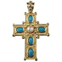 14 Karat Yellow Gold Blue Stone and Pearl Cross Pendant #20635