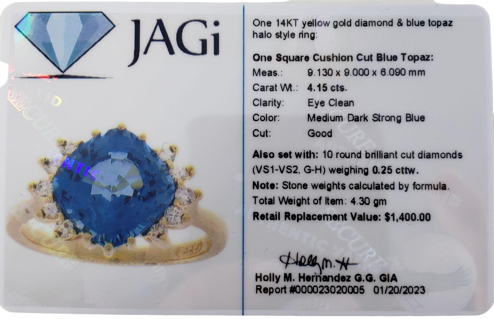 Women's 14 Karat Yellow Gold Blue Topaz and Diamond Ring #13752 For Sale