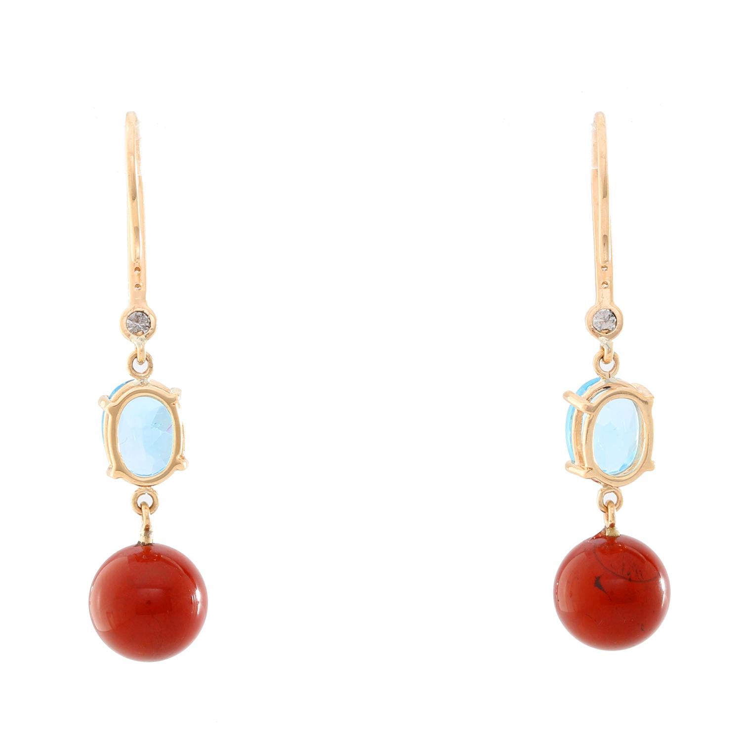 14K Yellow Gold  Blue Topaz and Red Jasper Diamond Dangle Earrings - Oval cut Blue Topaz with a Red Jasper ball. Set in 14K yellow gold with 6 diamond. Total weight 5.3. Total drop 1.5 inch. Great to dress up or down.