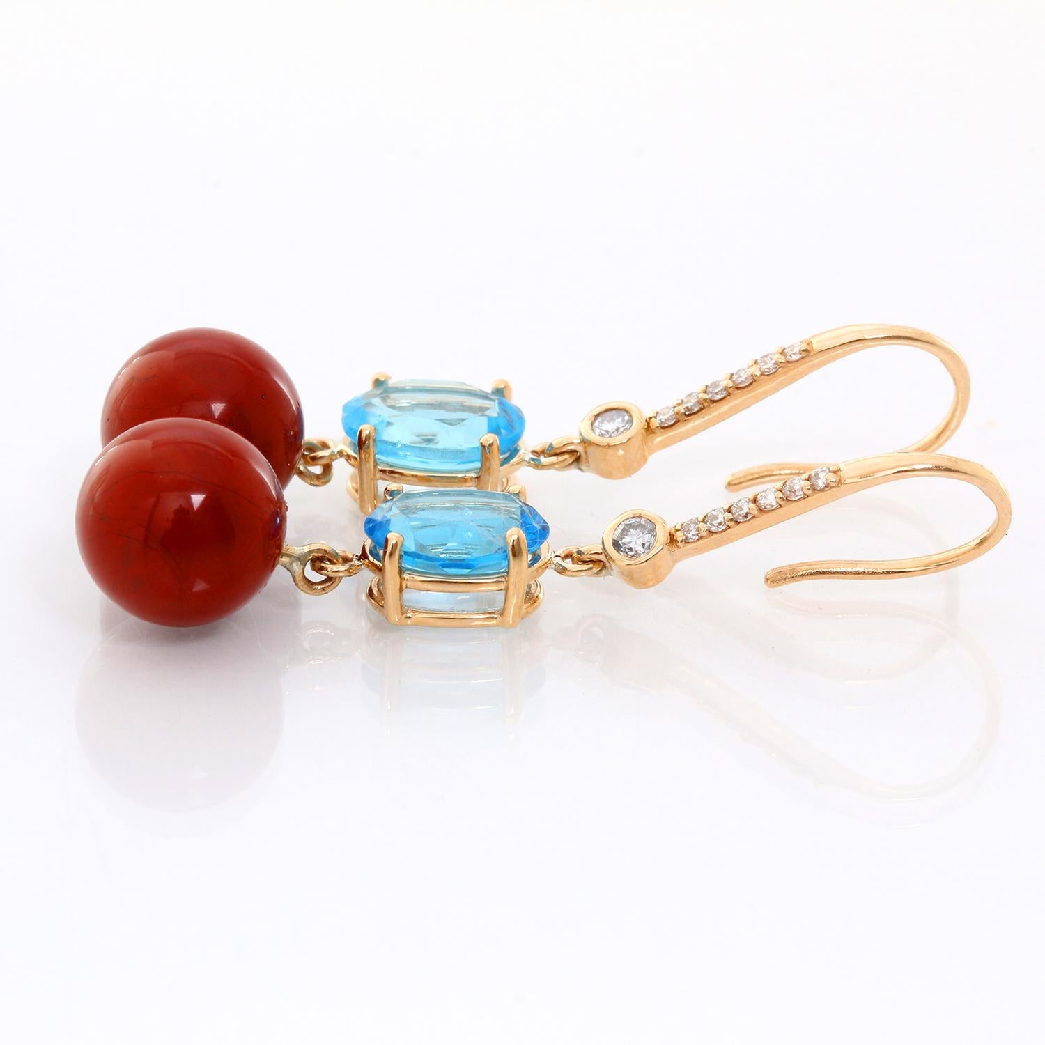 14 Karat Yellow Gold Blue Topaz and Red Jasper Diamond Dangle Earrings In New Condition In Dallas, TX