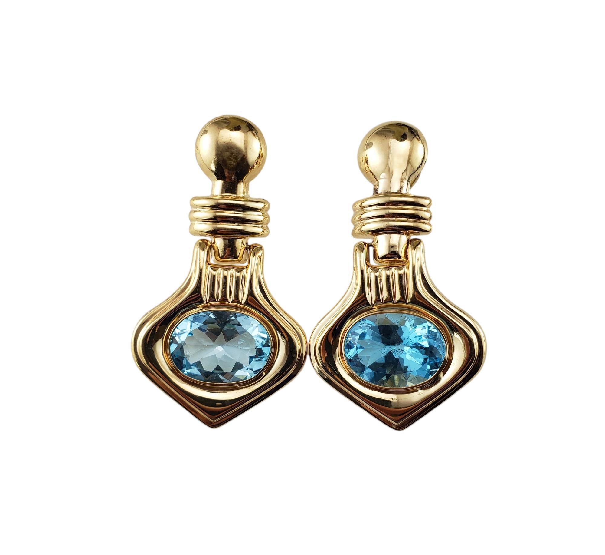 14 Karat Yellow Gold Blue Topaz Dangle Doorknocker Earrings #19058