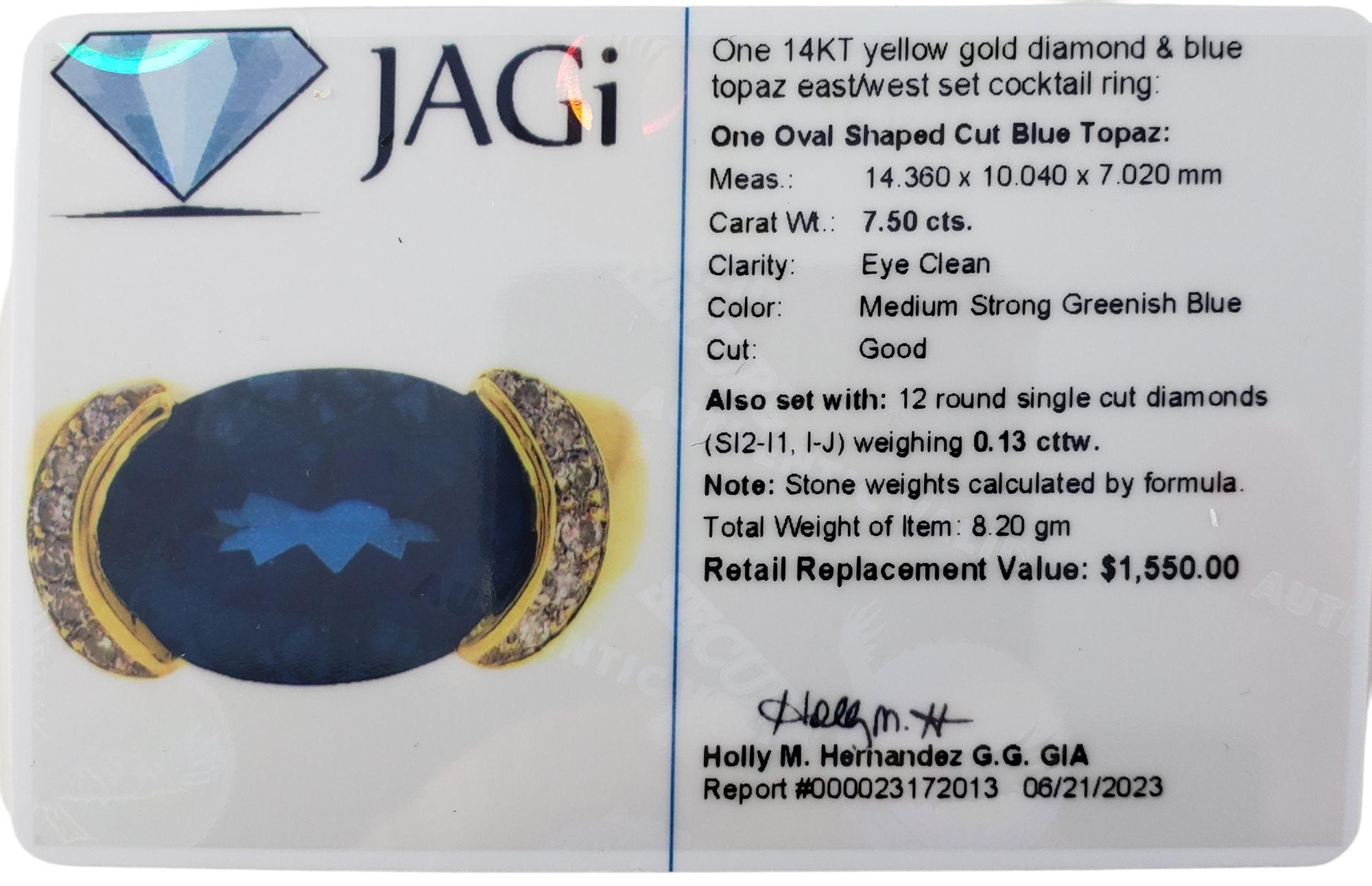14 Karat Yellow Gold Blue Topaz Diamond Ring Size 6.25 #14834 For Sale 5