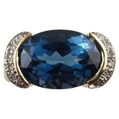 Retro 14 Karat Yellow Gold Blue Topaz Diamond Ring Size 6.25 #14834