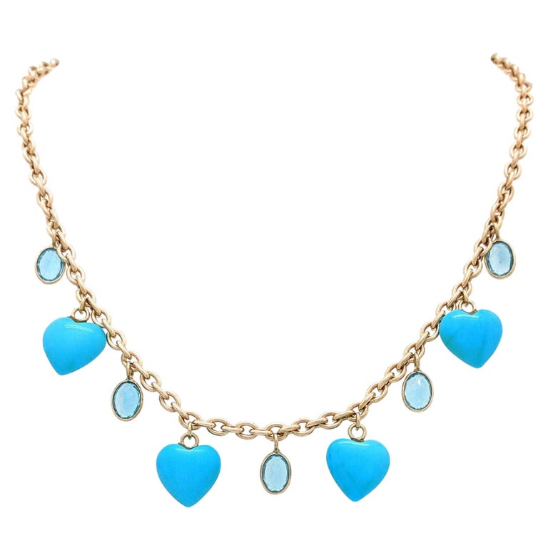 14 Karat Yellow Gold Blue Topaz Turquoise Heart Necklace For Sale at ...