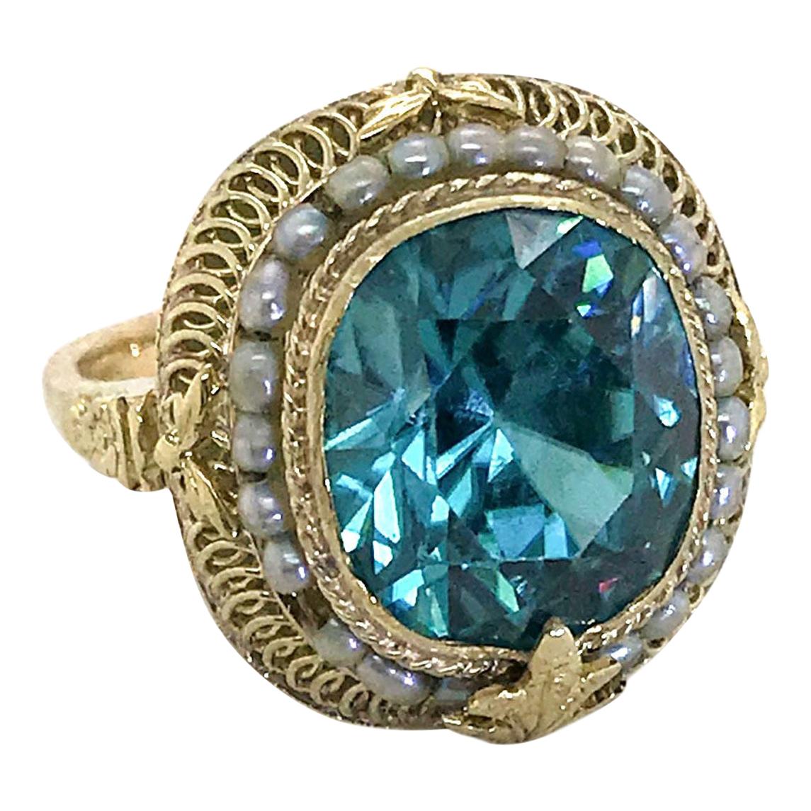 14 Karat Yellow Gold Blue Zircon and Seed Pearl Dress Ring
