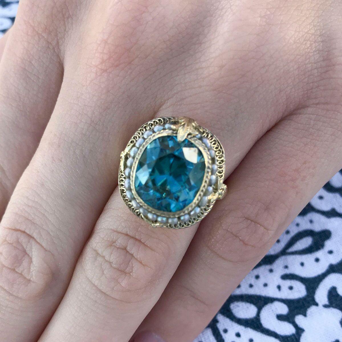 14 Karat Yellow Gold Blue Zircon and Seed Pearl Dress Ring 5