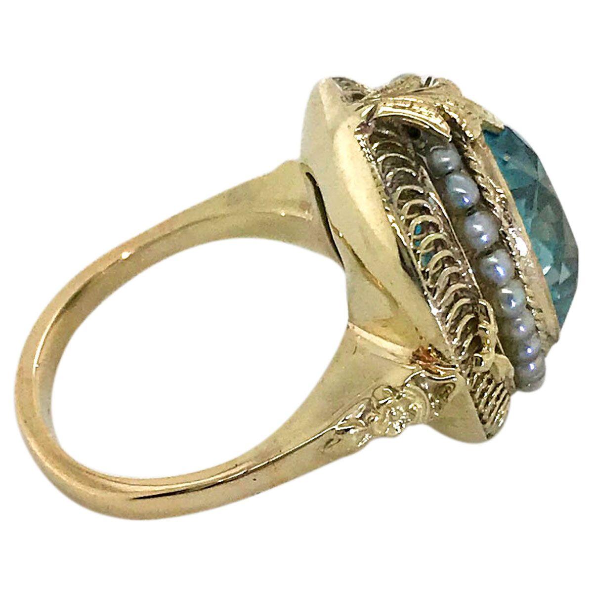 Victorian 14 Karat Yellow Gold Blue Zircon and Seed Pearl Dress Ring