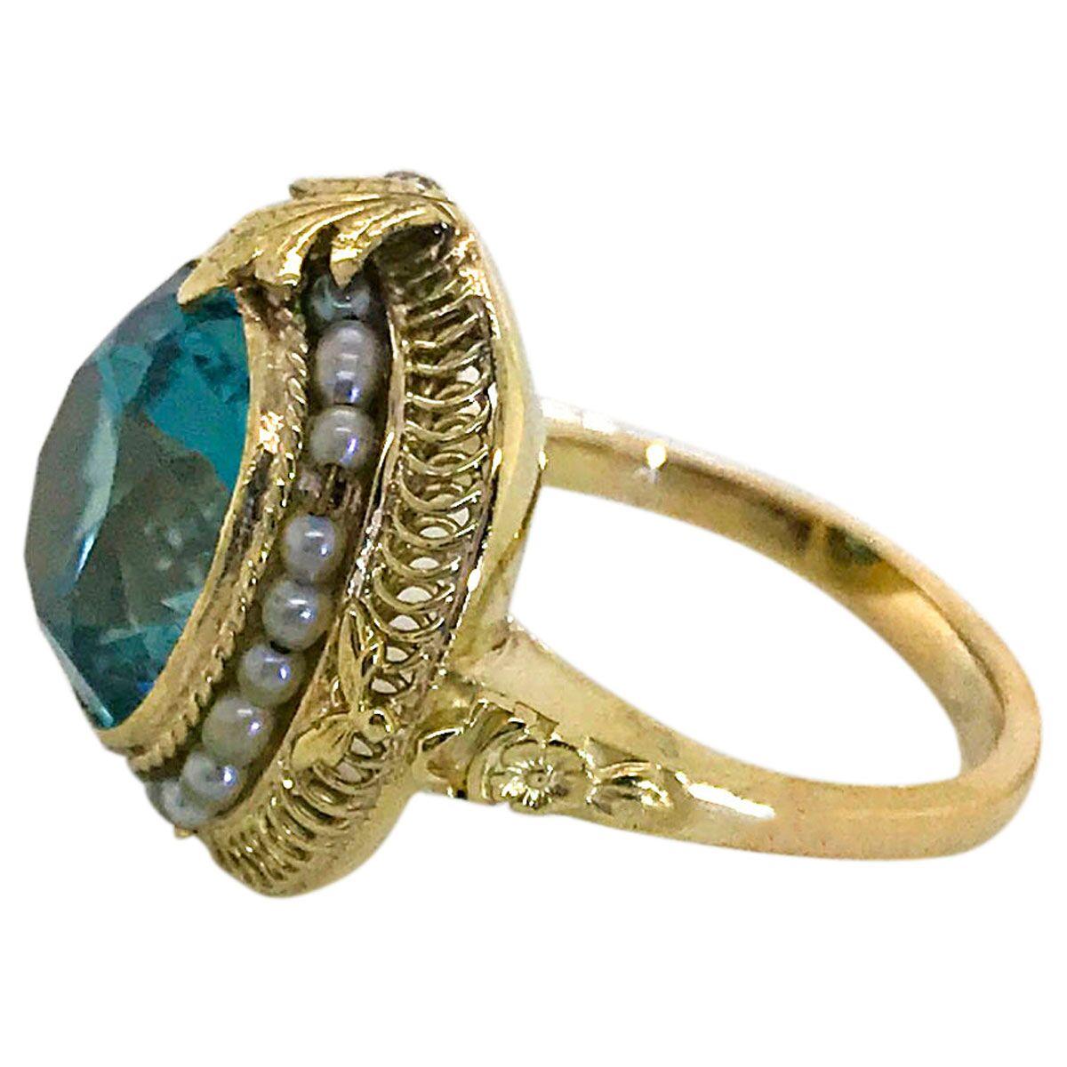 14 Karat Yellow Gold Blue Zircon and Seed Pearl Dress Ring In Good Condition In QLD , AU