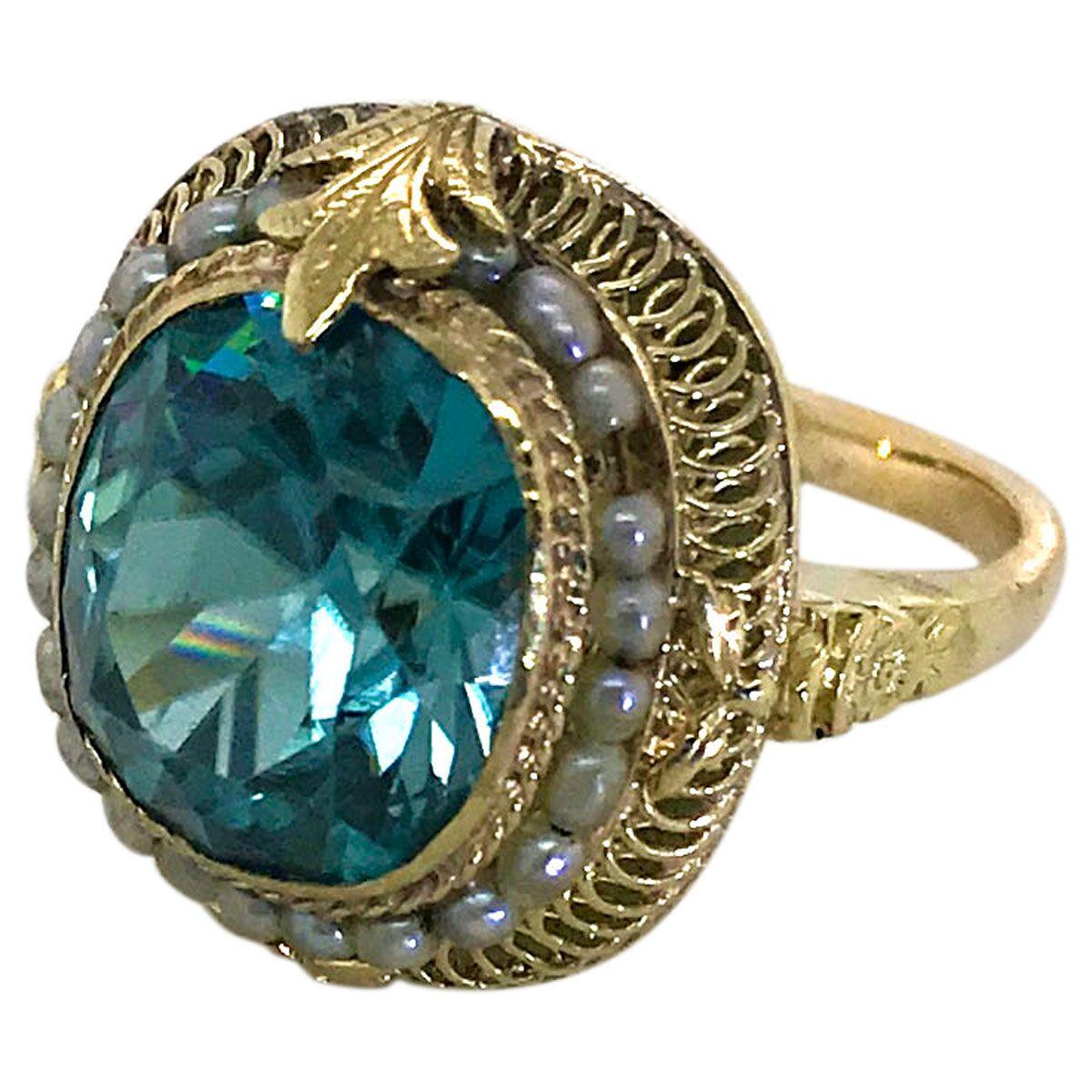 Women's 14 Karat Yellow Gold Blue Zircon and Seed Pearl Dress Ring