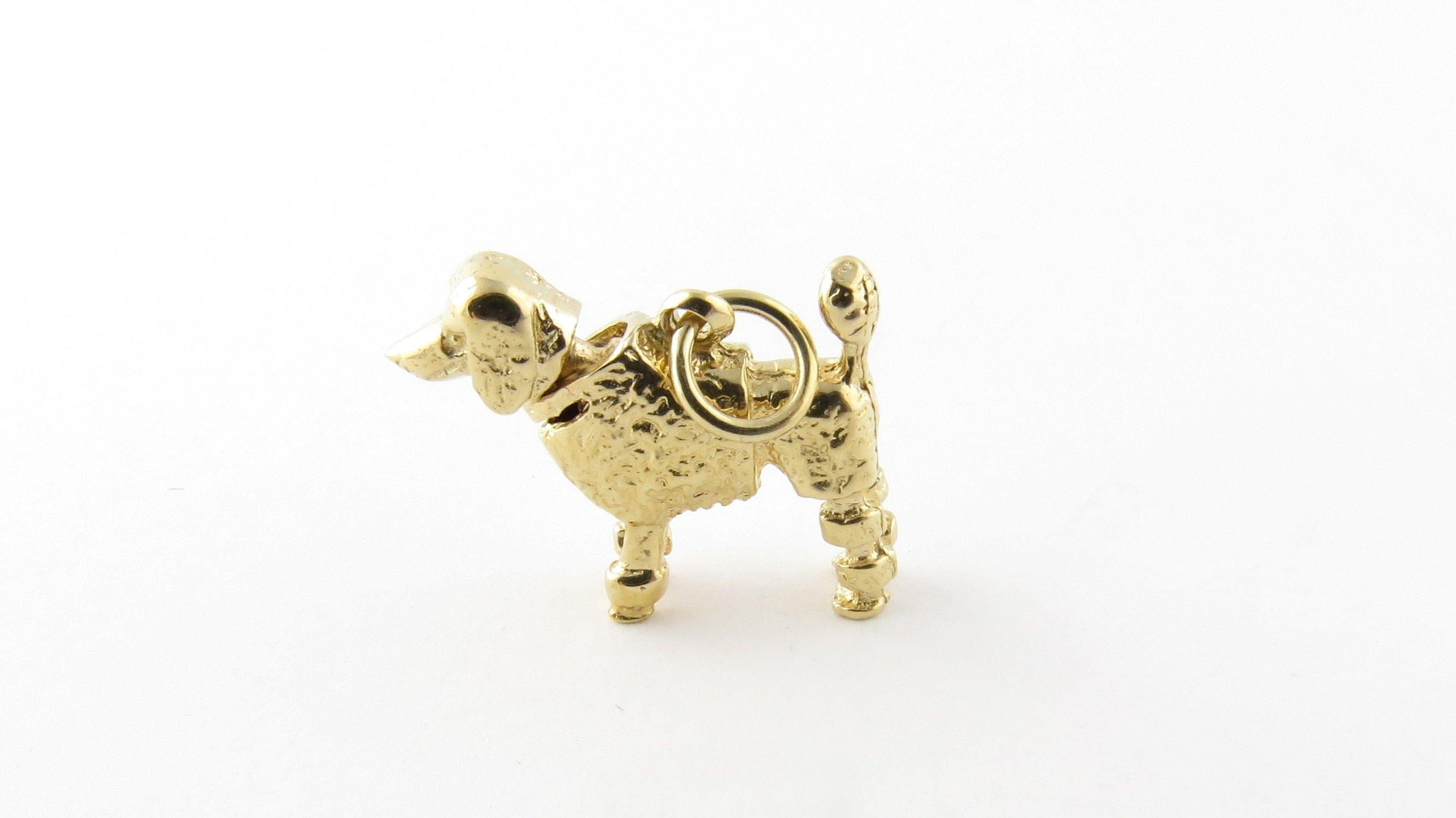 Vintage 14 Karat Yellow Gold Bobble Head Poodle Charm- 
Best in show! 
This lovely 3D charm an adorable poodle with head that moves up and down! Meticulously detailed in 14K yellow gold. 
Size: 18 mm x 16 mm (actual charm) 
Weight: 2.1 dwt. / 3.3