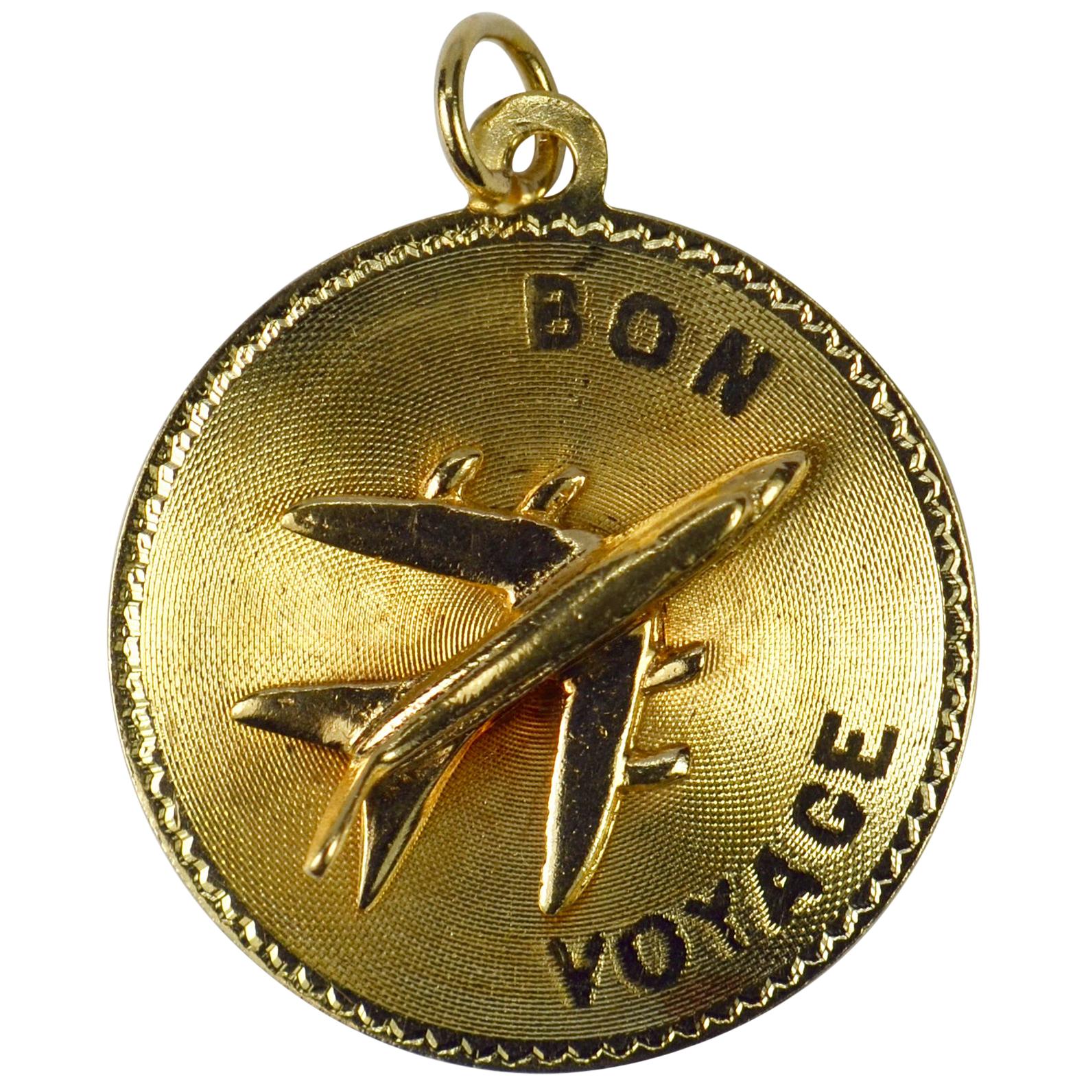 14 Karat Yellow Gold Bon Voyage Airplane Charm Pendant