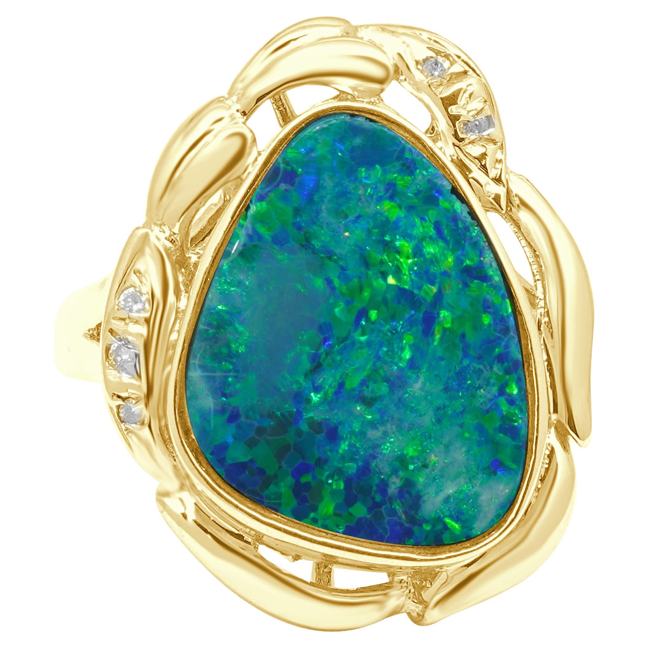 14 Karat Yellow Gold Boulder Opal & Diamond Ring