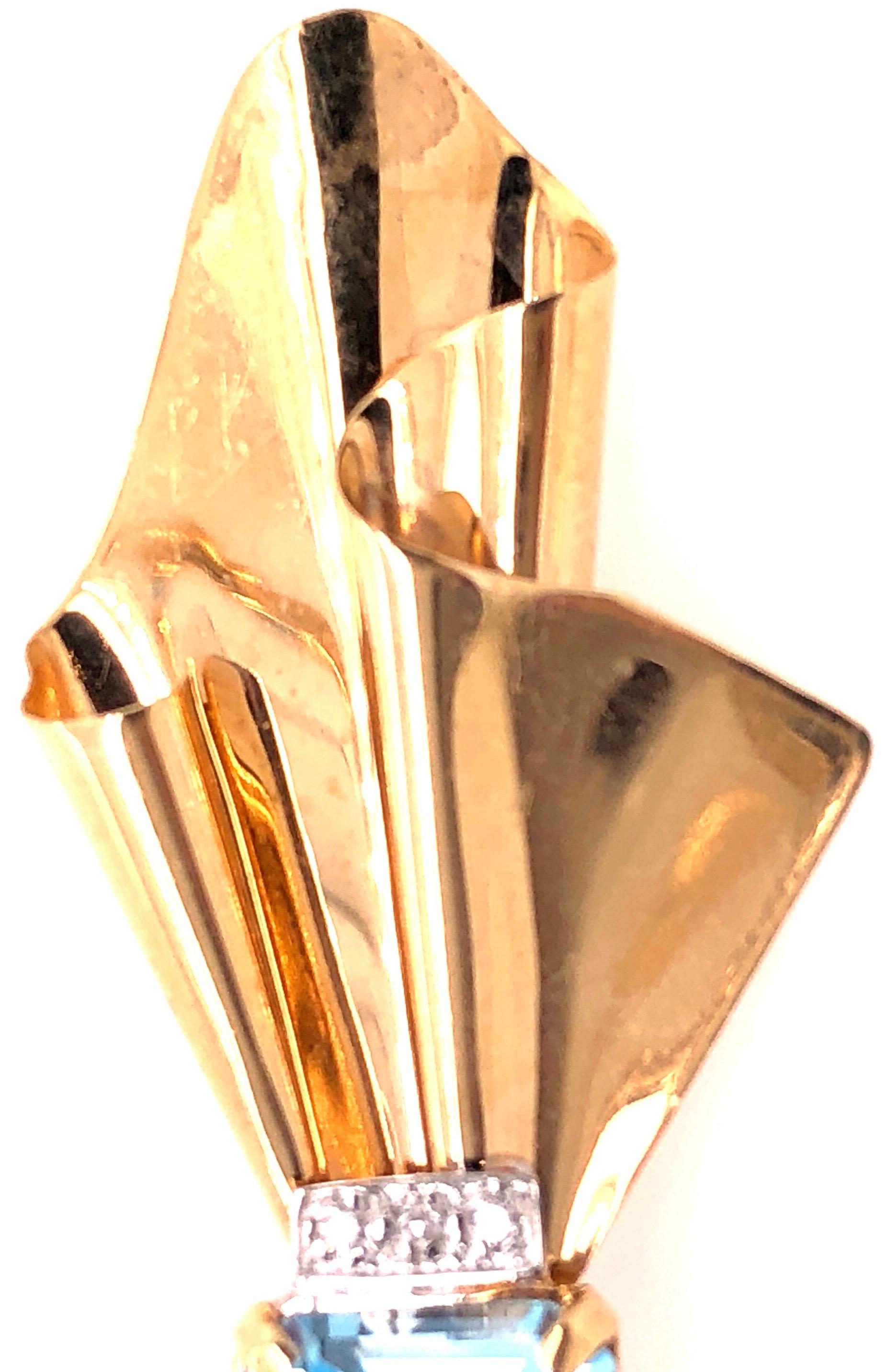 Women's or Men's 14 Karat Yellow Gold Bow Brooch with Blue Topaz and Diamond Accents For Sale