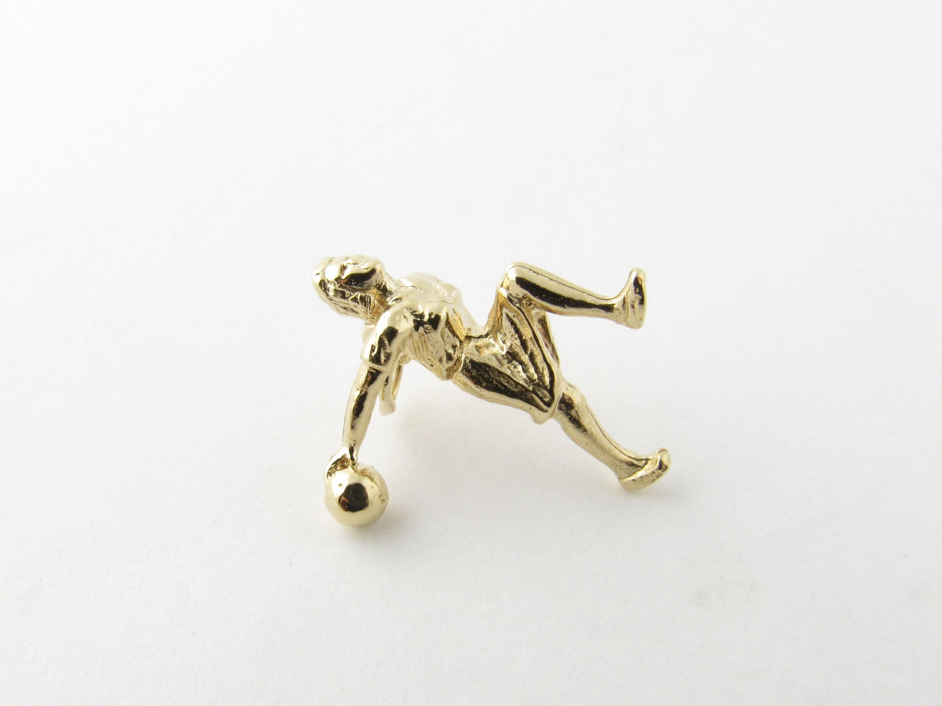 Vintage 14 Karat Yellow Gold Bowler Charm- 
Strike! 
This 3D charm depicts a bowler in action. Meticulously detailed in 14K yellow gold. 
Size: 21 mm x 13 mm (actual charm) 
Weight: 2.1 dwt. / 3.3 gr. 
Hallmark: Tested for 14K gold. 
Very good