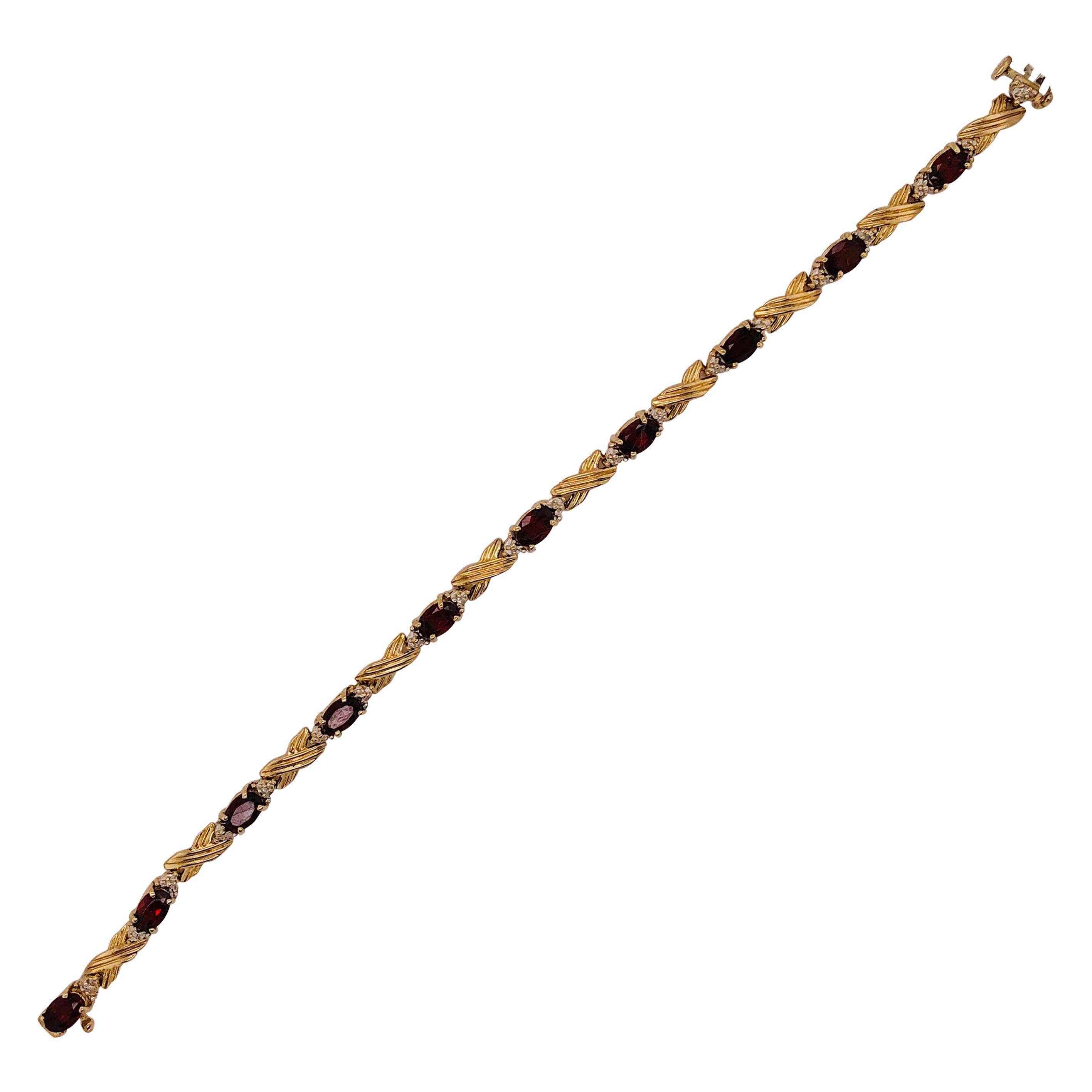 14 Karat Yellow Gold Braided Link Bracelet with Garnets and Diamond Accents For Sale