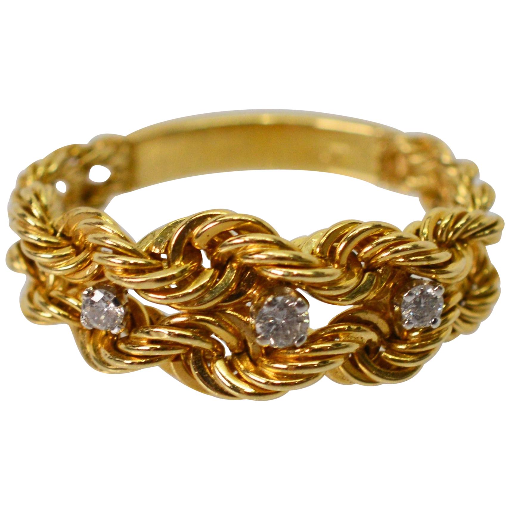 14 Karat Yellow Gold Braided Rope Chain Ring with Diamond Accents