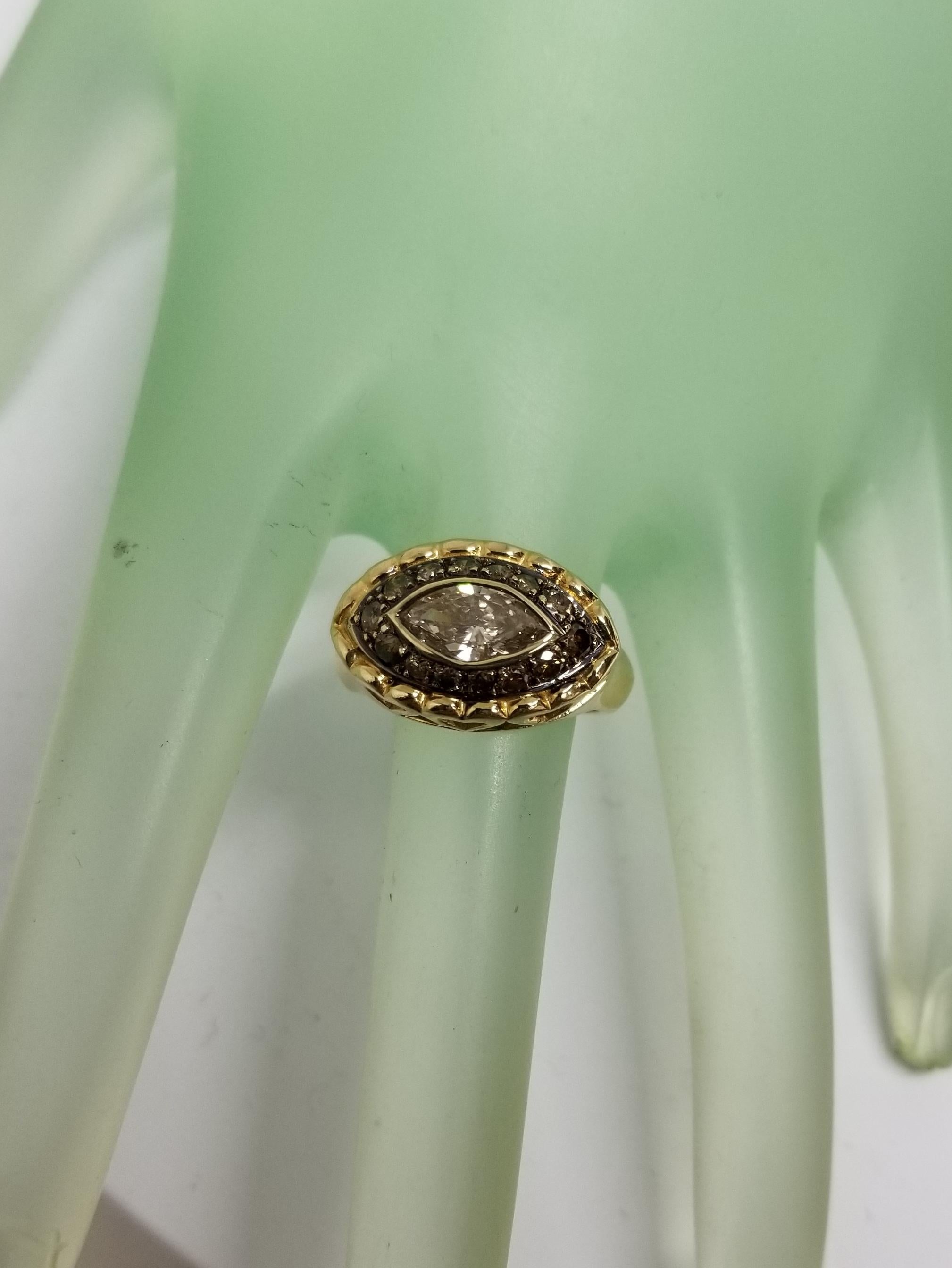 14 Karat Yellow Gold Brown Diamond Halo Ring Containing 1 Marquise Cut Diamond For Sale 1