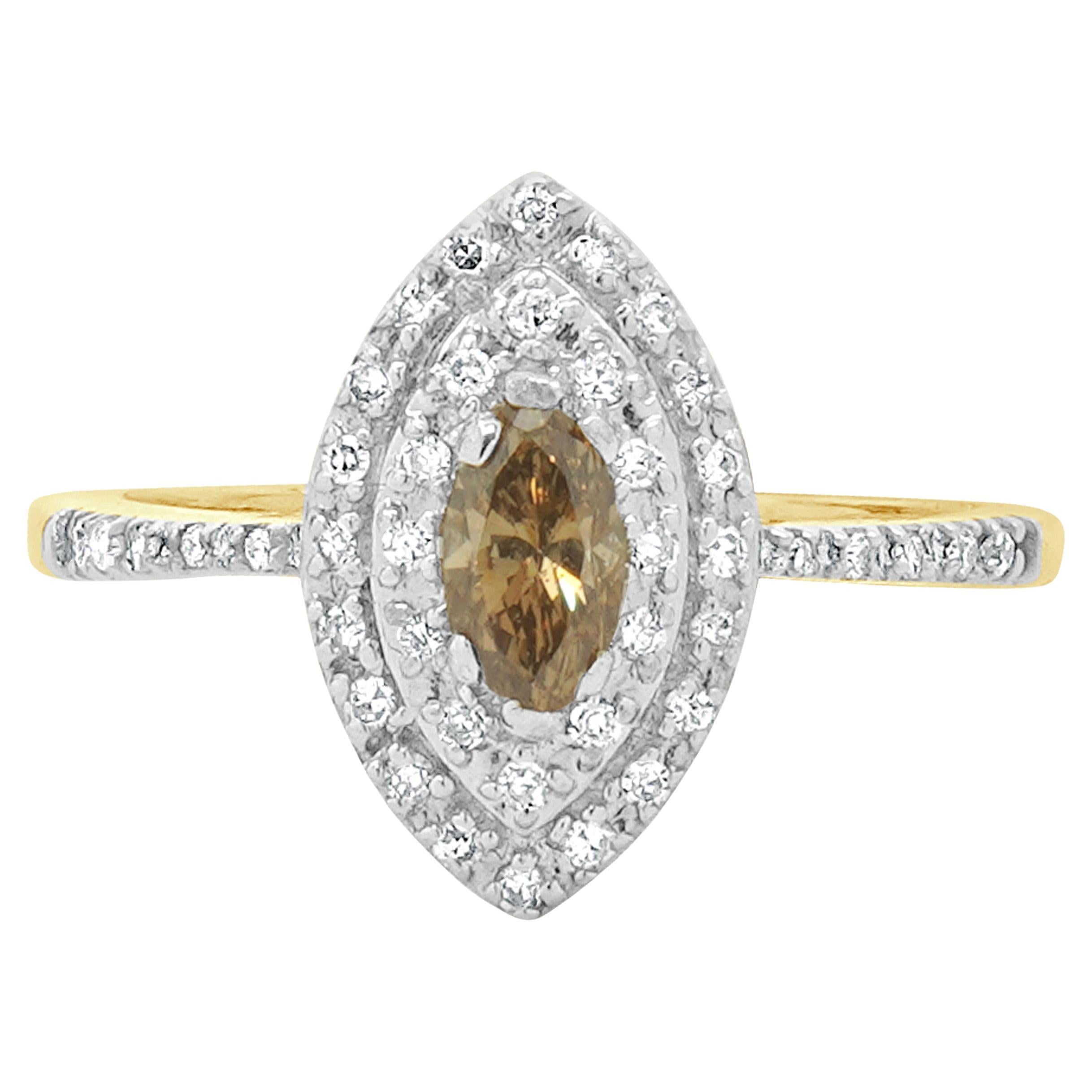 14 Karat Yellow Gold Brown & White Diamond Marquise Shaped Cocktail Ring