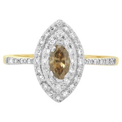 14 Karat Yellow Gold Brown & White Diamond Marquise Shaped Cocktail Ring