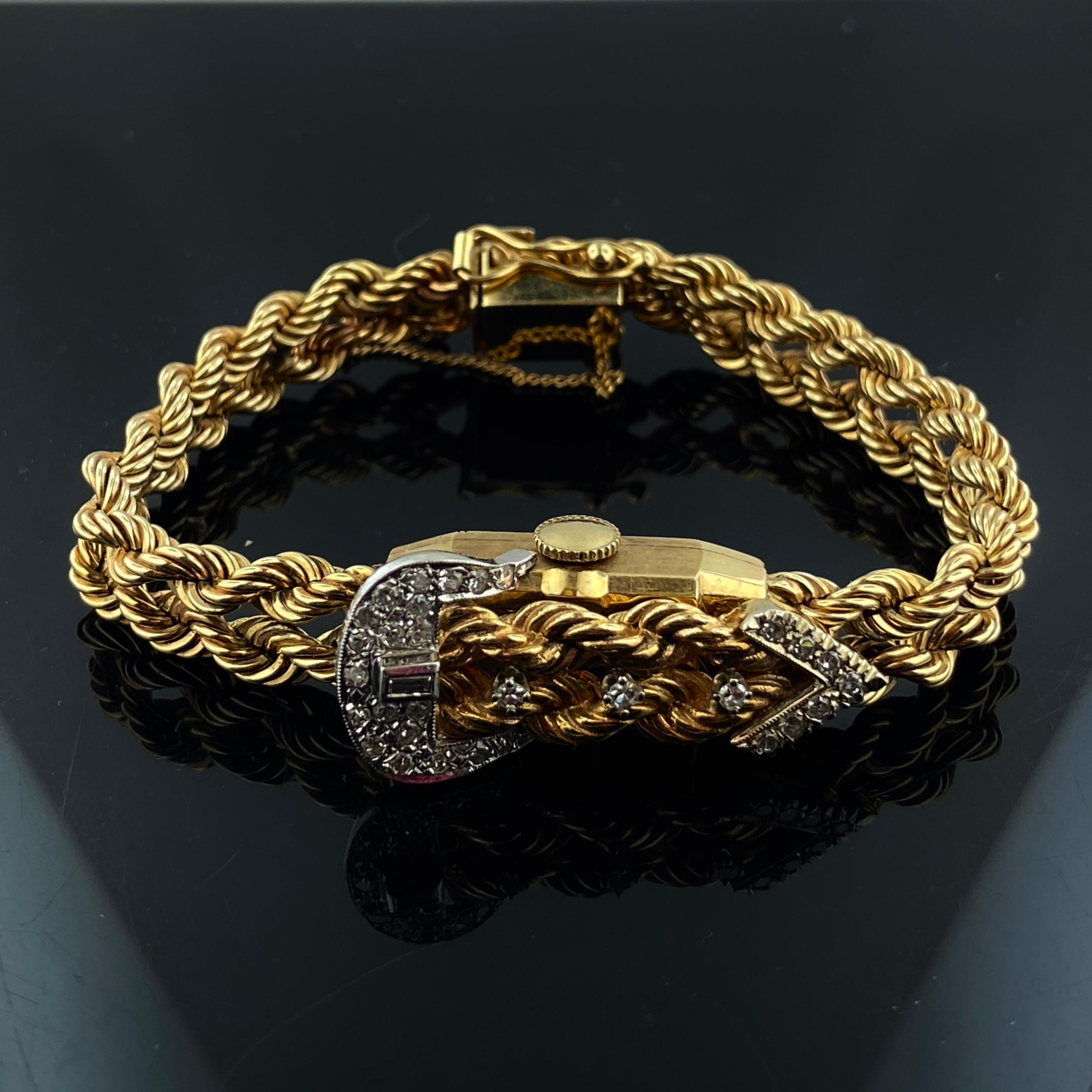 Round Cut 14 Karat Yellow Gold Buckle Watch Bracelet For Sale