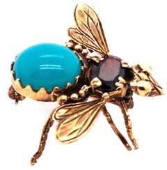 14 Karat Yellow Gold Bug / Insect Brooch with Semi Precious Stones
