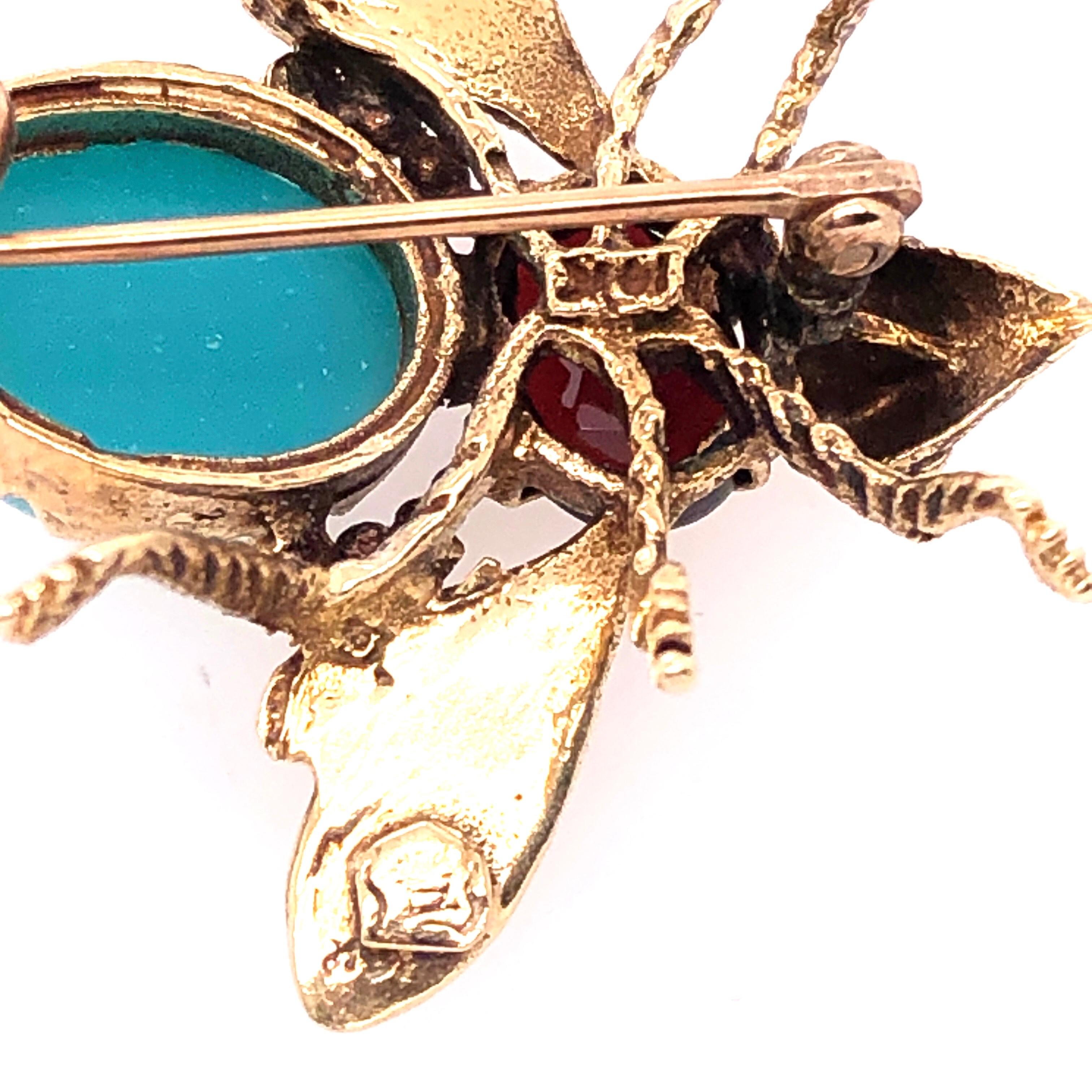 Modern 14 Karat Yellow Gold Bug / Insect Brooch with Semi Precious Stones For Sale
