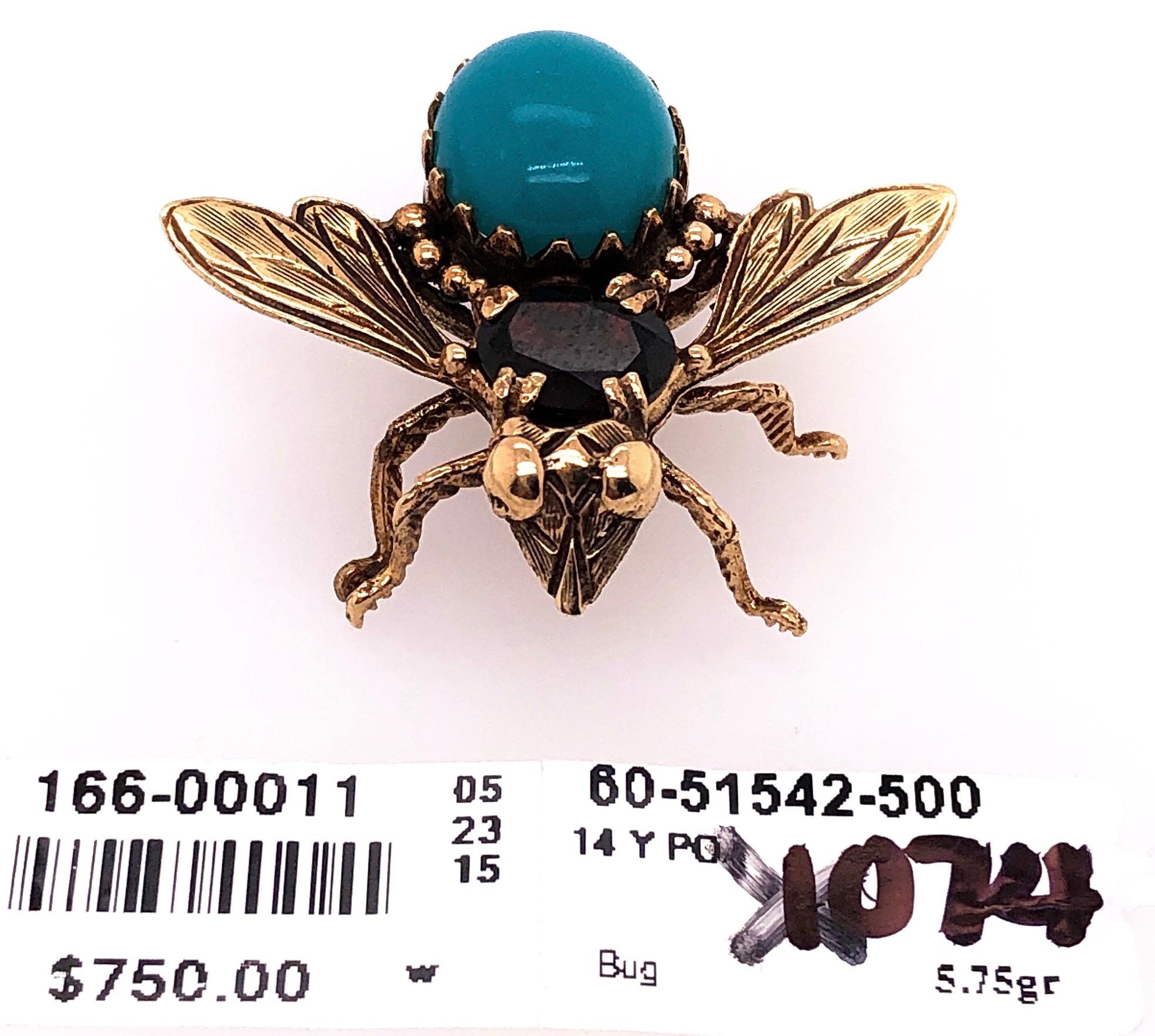 Women's or Men's 14 Karat Yellow Gold Bug / Insect Brooch with Semi Precious Stones For Sale