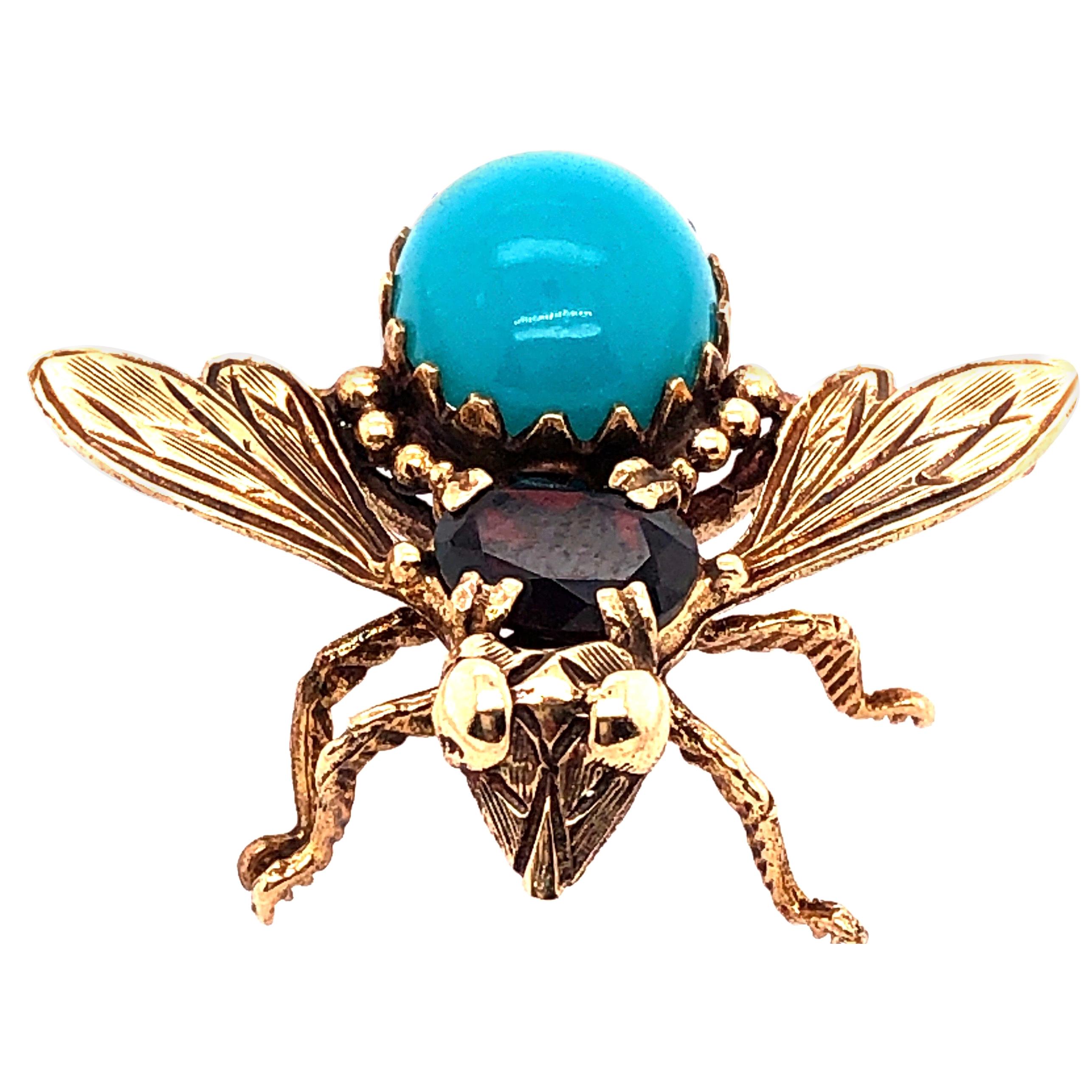 14 Karat Yellow Gold Bug / Insect Brooch with Semi Precious Stones For Sale
