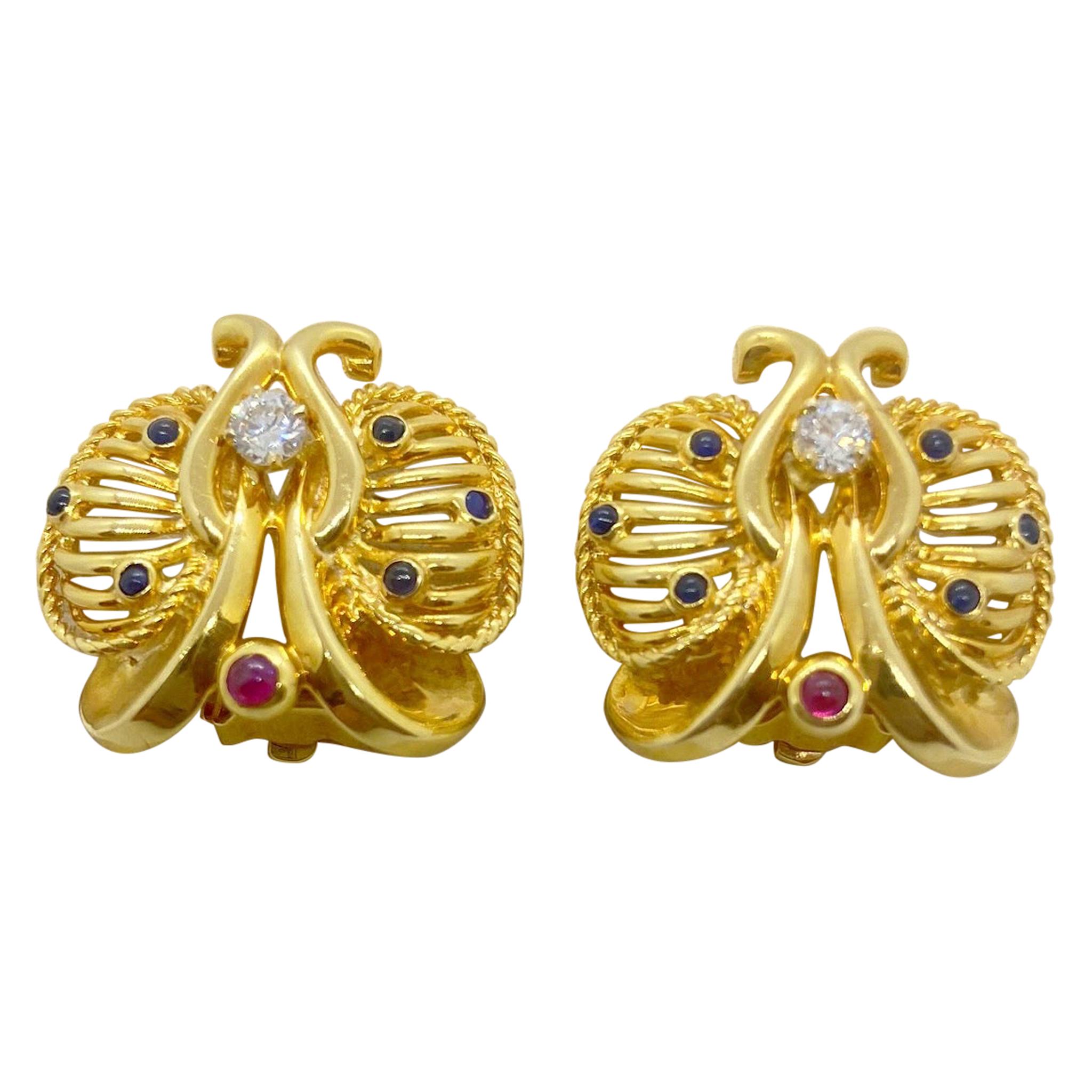 14 Karat Yellow Gold Butterfly Gem Stone Earrings, circa 1940
