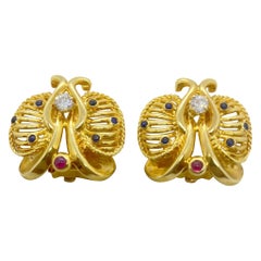 14 Karat Yellow Gold Butterfly Gem Stone Earrings, circa 1940