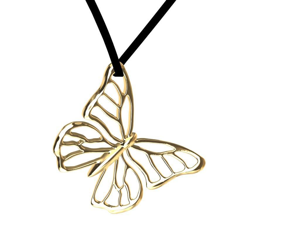 Women's or Men's 14 Karat Yellow Gold Butterfly Necklace on Suede For Sale