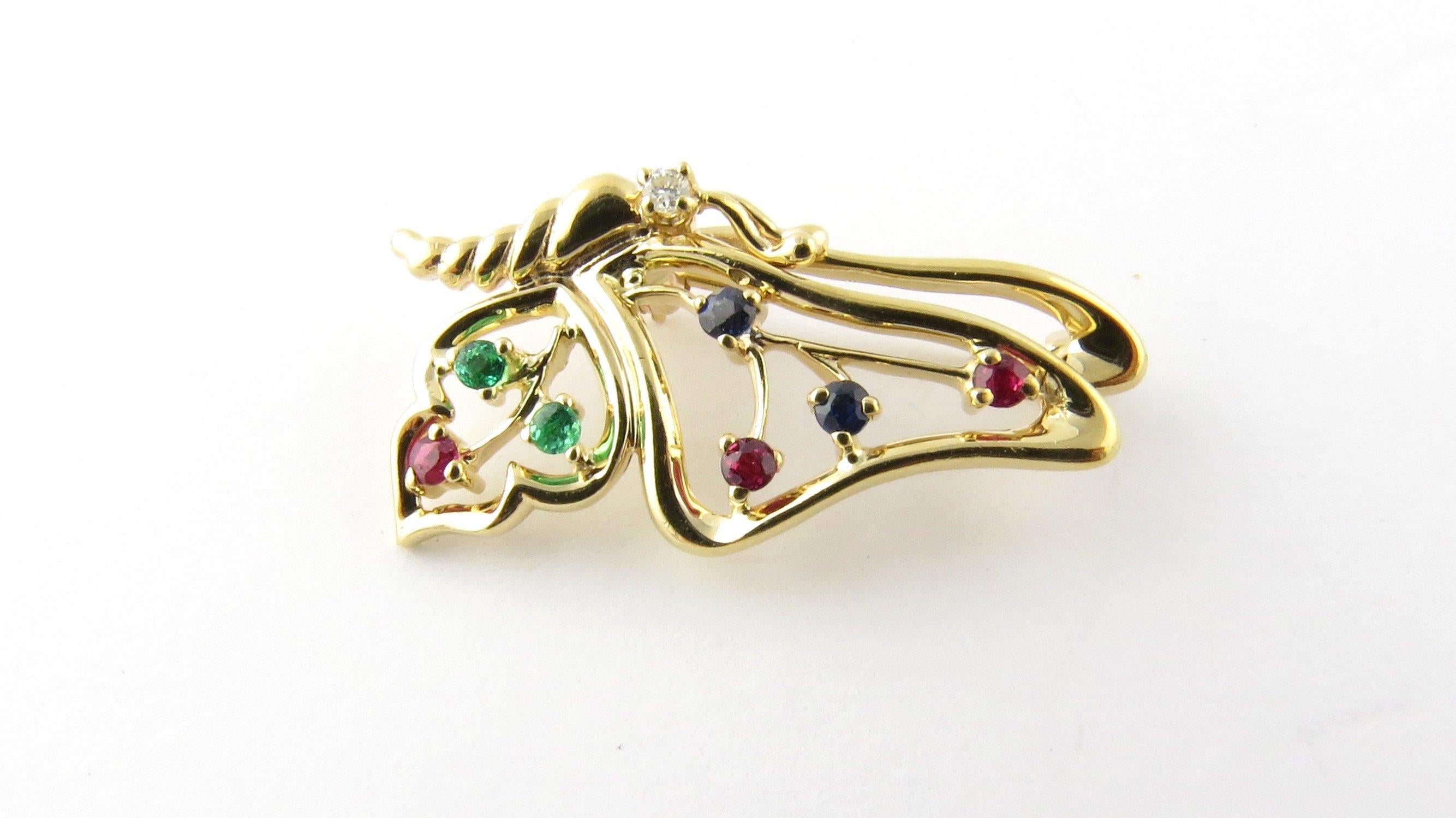 Vintage 14 Karat Yellow Gold Butterfly Pin- 
This lovely pin features a majestic butterfly detailed with seven multicolored stones ( 3 red, 2 blue, 2 green). Stones measure 1.5 mm each. Meticulously detailed in 14K yellow gold. 
Size:   28.5 mm x 