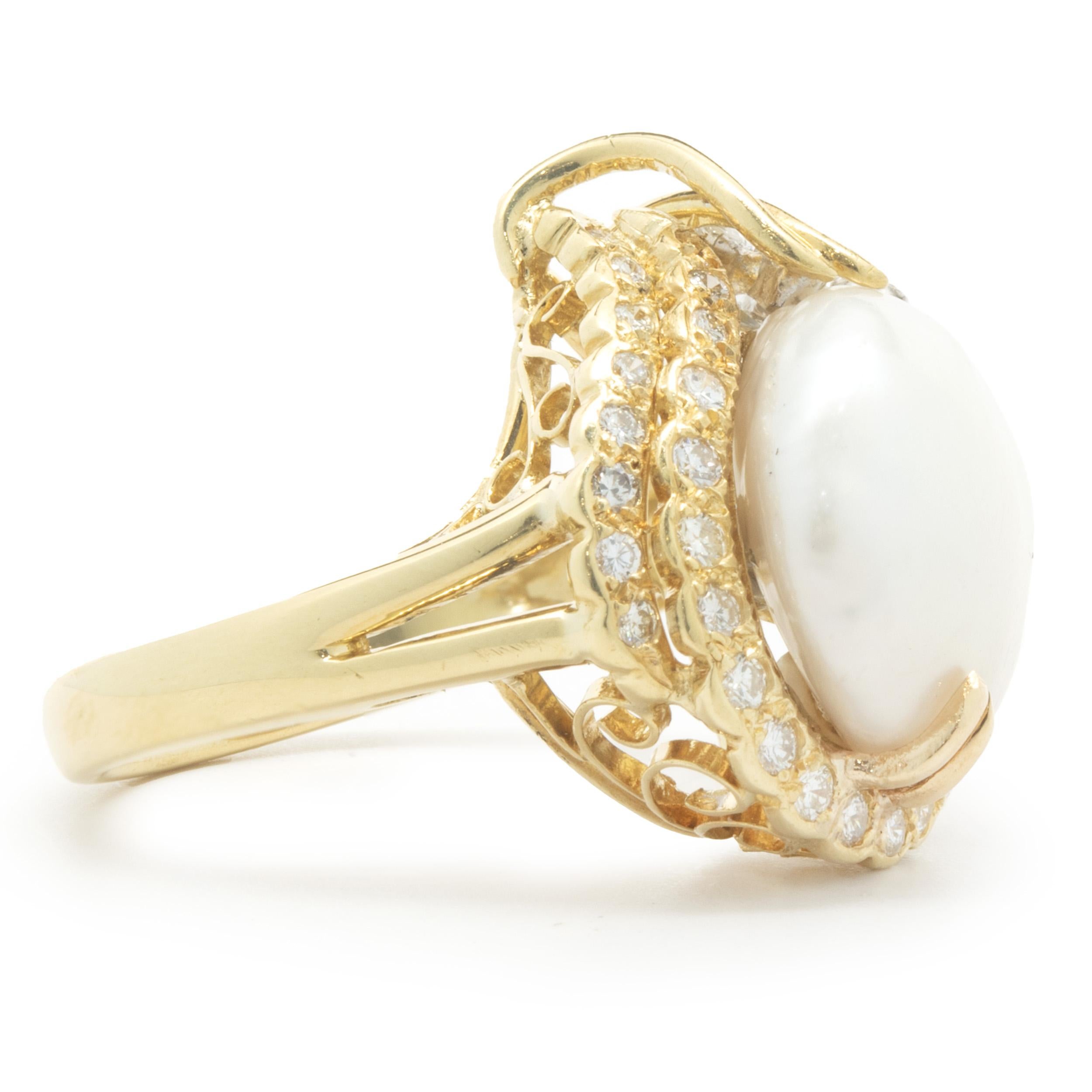 Round Cut 14 Karat Yellow Gold Button Pearl and Diamond Cocktail Ring For Sale