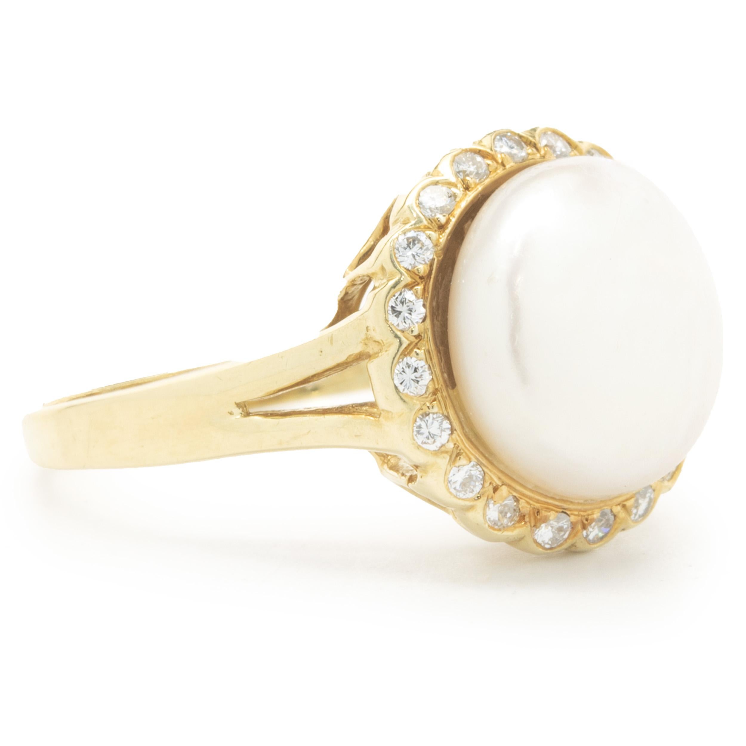 Round Cut 18 Karat Yellow Gold Button Pearl and Diamond Cocktail Ring For Sale