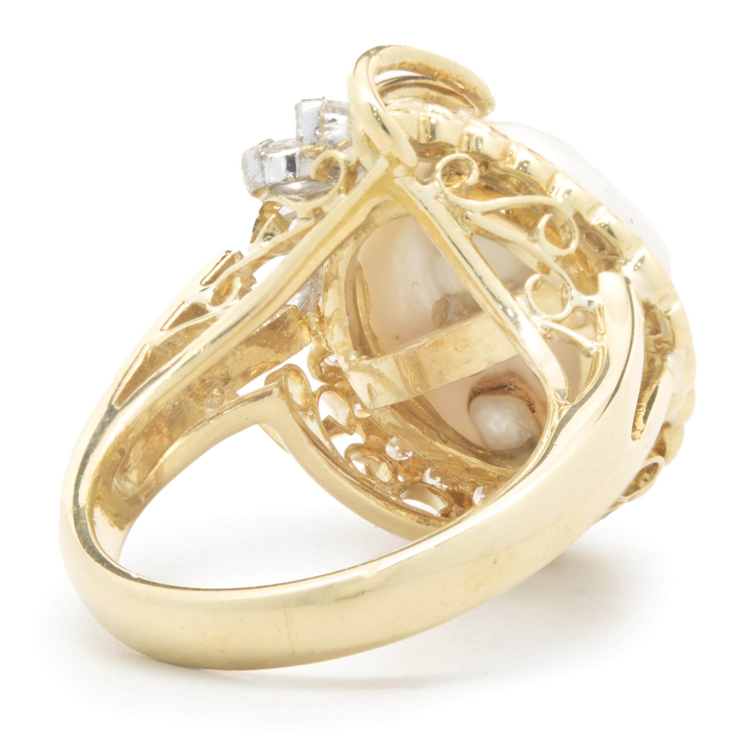 14 Karat Yellow Gold Button Pearl and Diamond Cocktail Ring In Excellent Condition For Sale In Scottsdale, AZ