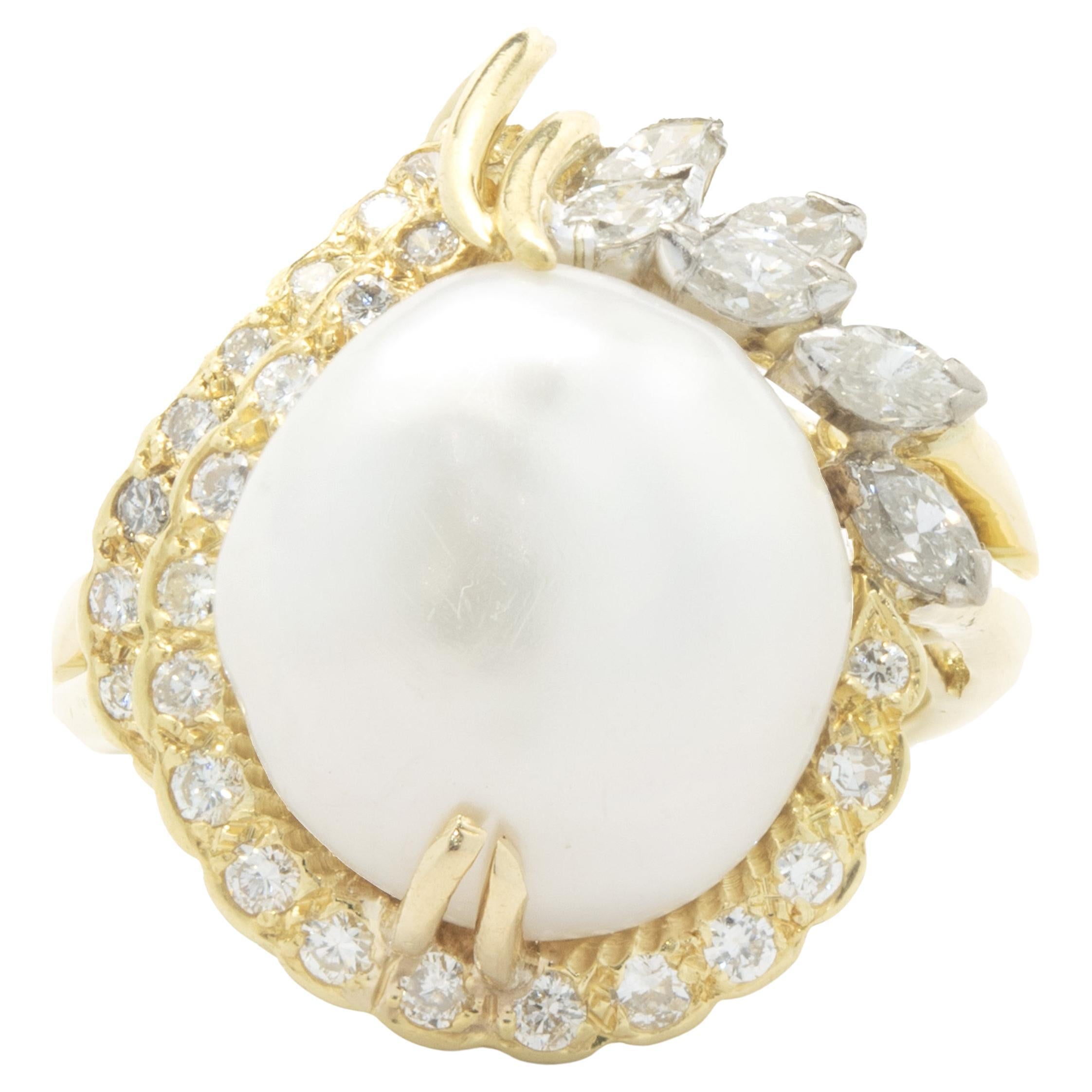 14 Karat Yellow Gold Button Pearl and Diamond Cocktail Ring For Sale