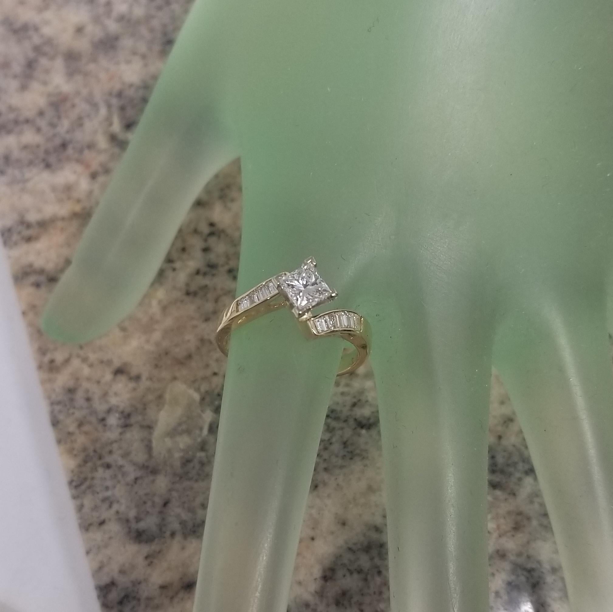 14 Karat Yellow Gold Bypass Baguette and Round Diamond Engagement Ring In New Condition For Sale In Los Angeles, CA