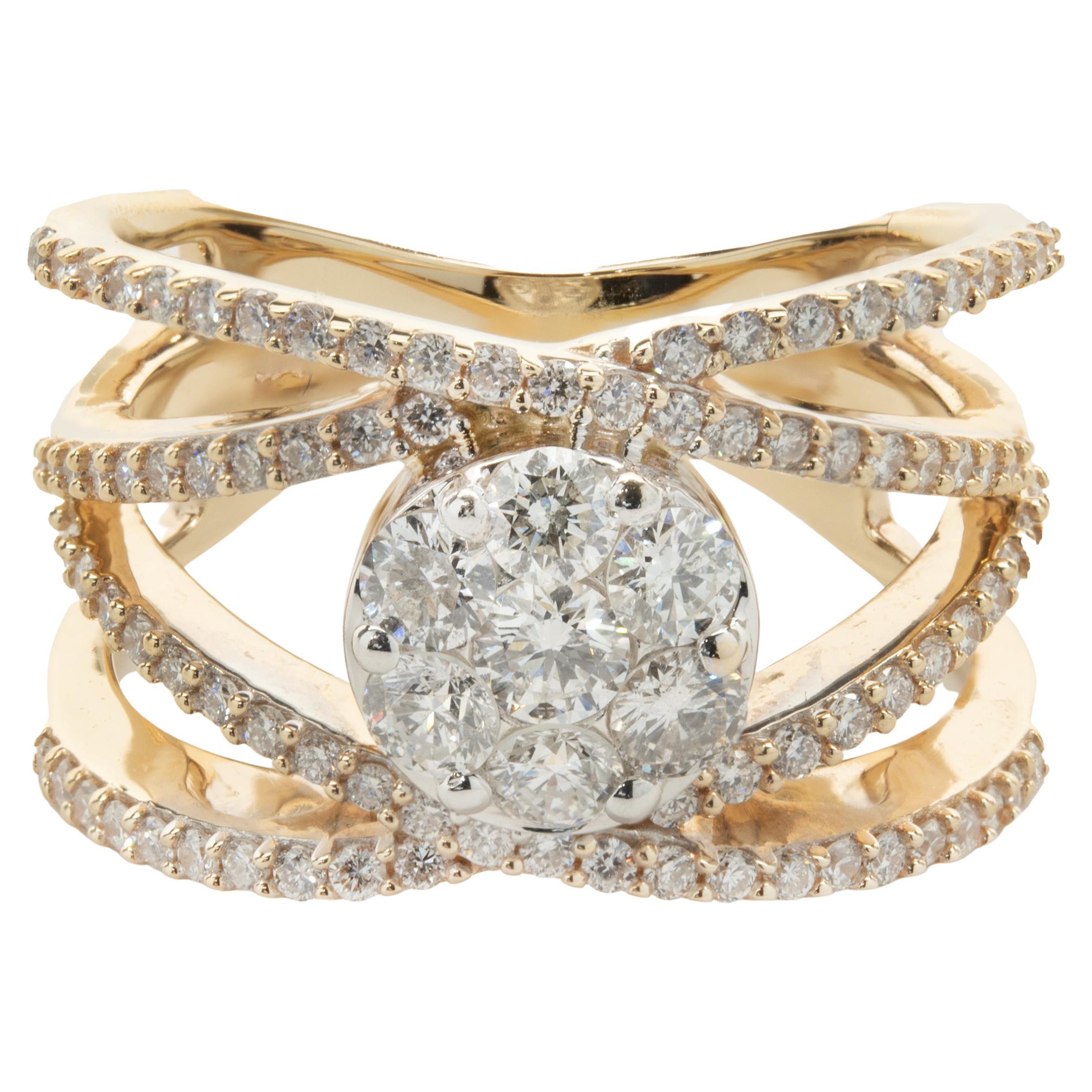 14 Karat Yellow Gold Bypass ring with Pave Diamond Circle Center For Sale