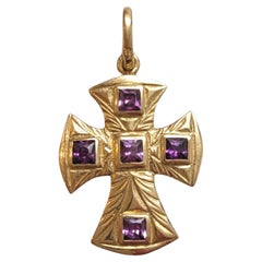 14 Karat Yellow Gold Byzantine Cross w/ Purple Faceted Stones Pendant #20170