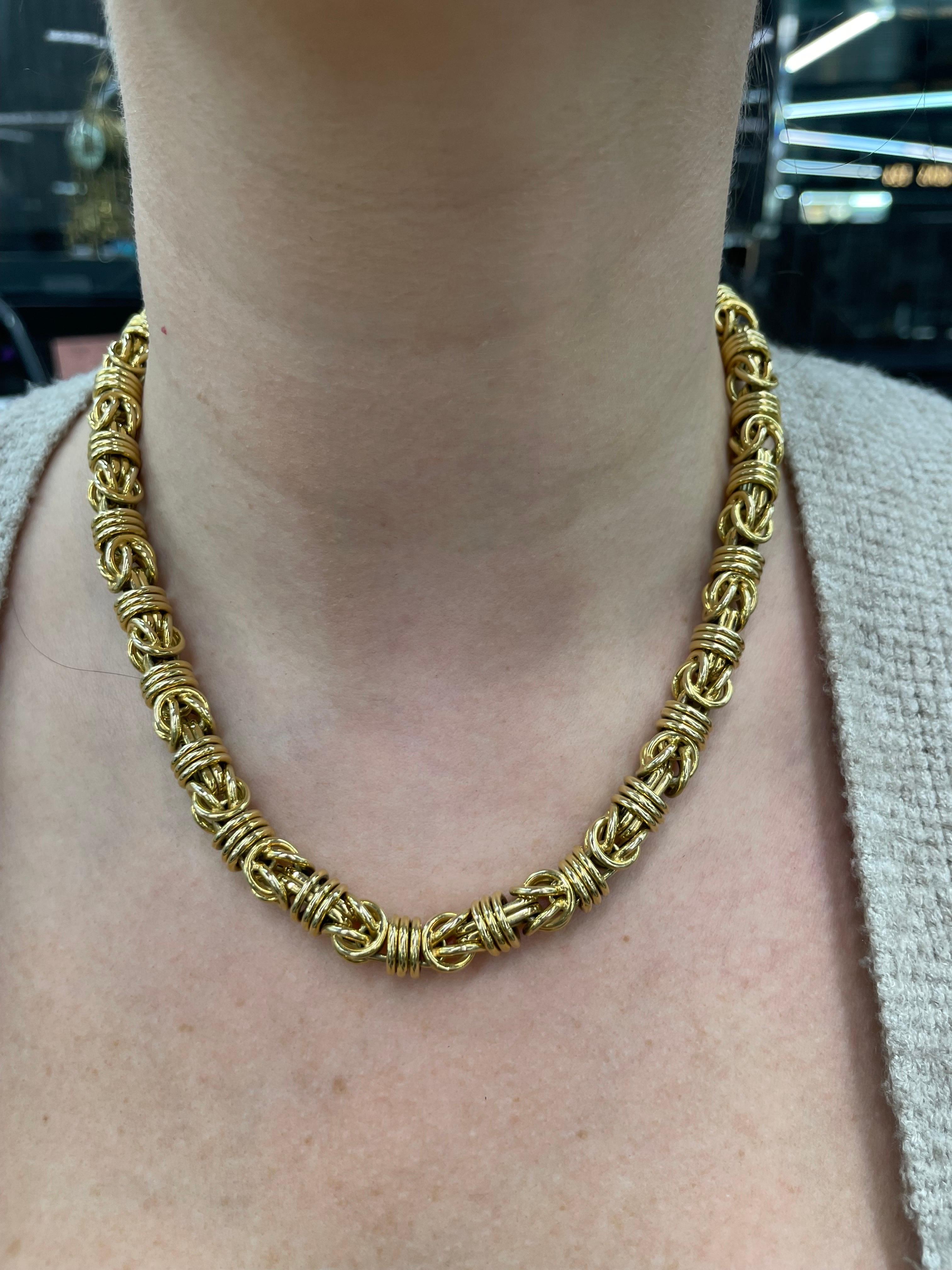 14 Karat Yellow Gold wide necklace featuring a Byzantine motif weighing 70 Grams, made in Italy.
Lots of Byzantine chains in different lengths & widths.
Available in 18 Karat Gold 
DM for more pricing & pictures.