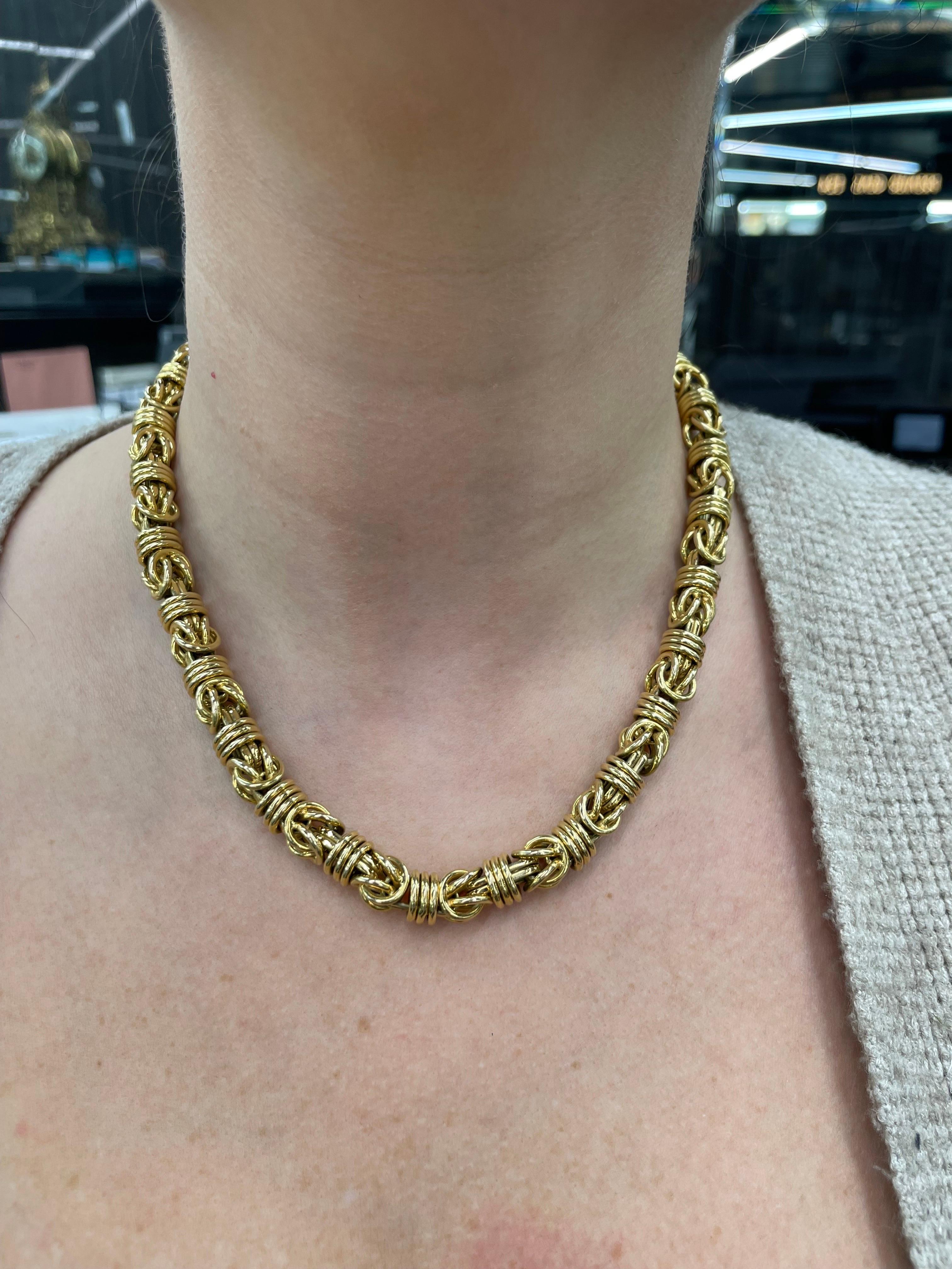 Women's 14 Karat Yellow Gold Byzantine Wide Necklace 70 Grams 18.5 Inches Made In Italy For Sale