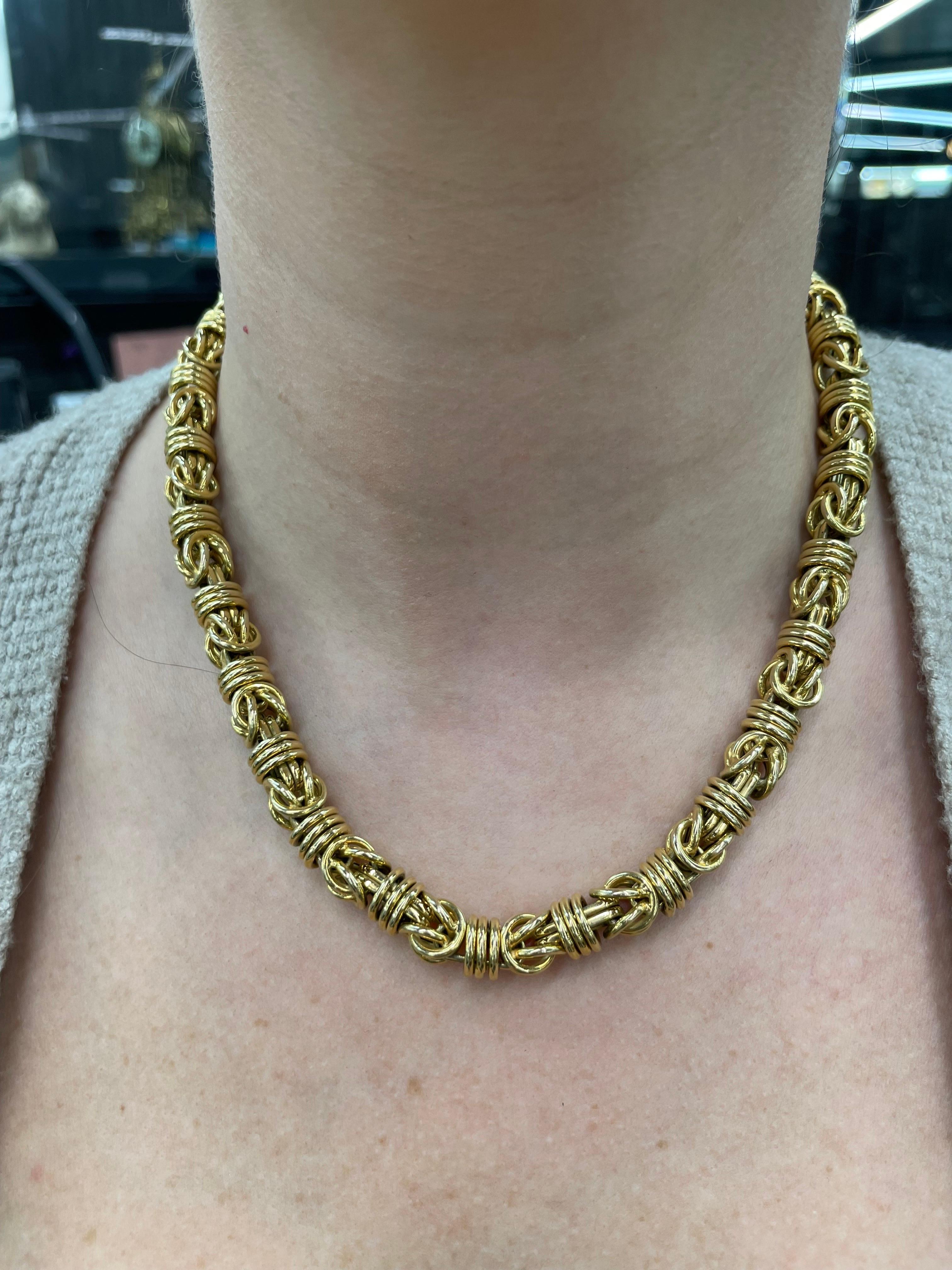 14 Karat Yellow Gold Byzantine Wide Necklace 70 Grams 18.5 Inches Made In Italy For Sale 1
