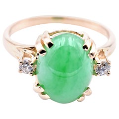 14 Karat Yellow Gold Cabachon Jade and Diamond Shoulder Ring