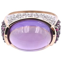 14 Karat Yellow Gold Cabochon Amethyst, Ruby and Diamond Ring
