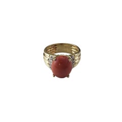 14 Karat Yellow Gold Cabochon Coral and Diamond Ring Size 6.5 #21859
