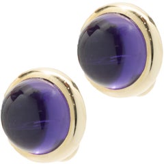 14 Karat Yellow Gold Cabochon Cut Amethyst Button Stud Earrings