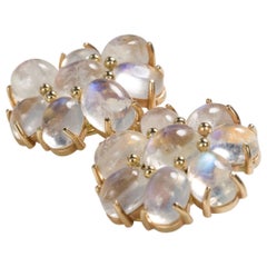 14 Karat Yellow Gold Cabochon Cut Moonstone Flower Cluster Ear Clips